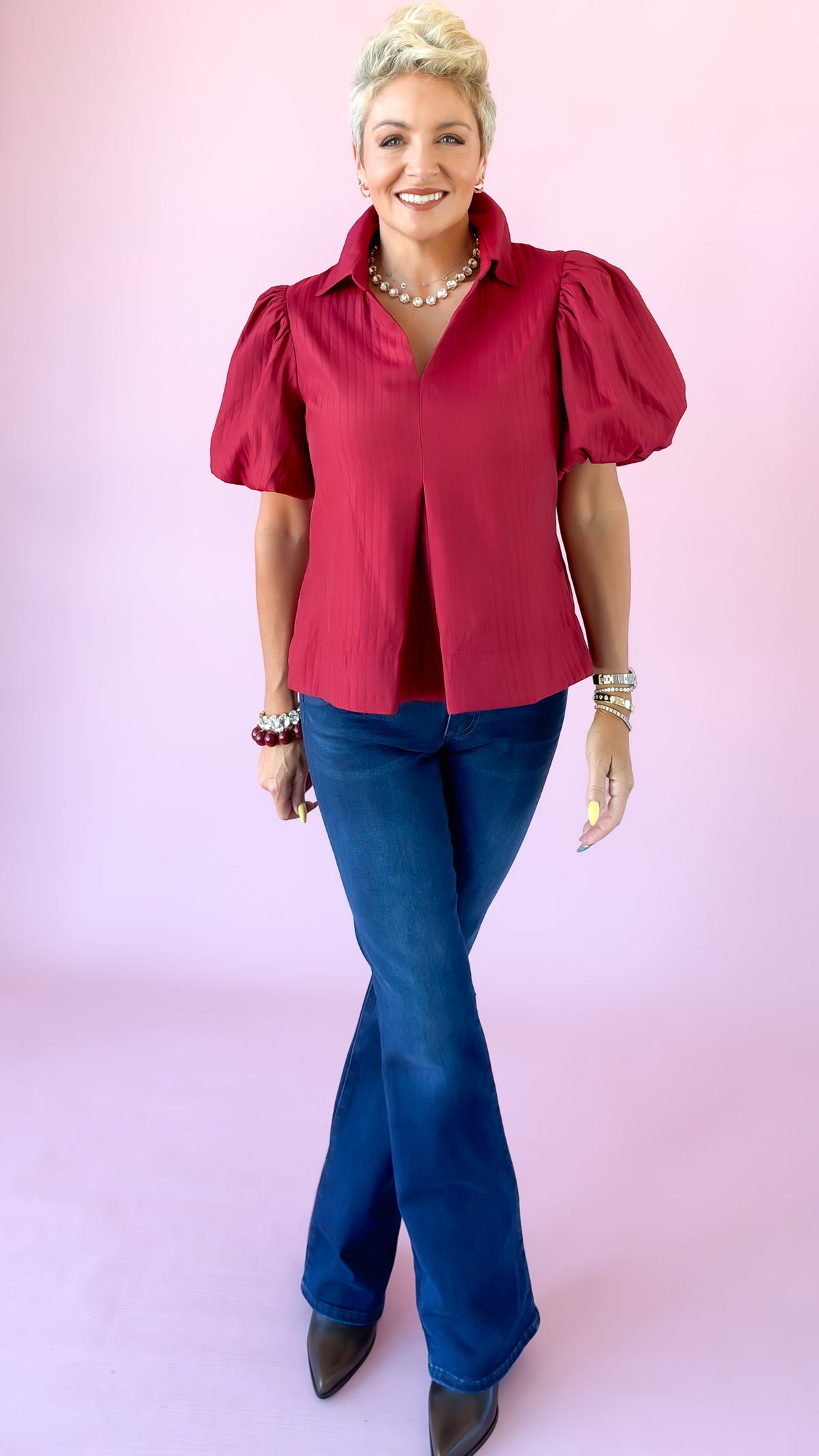 Puff Sleeve Peplum Top/Red
