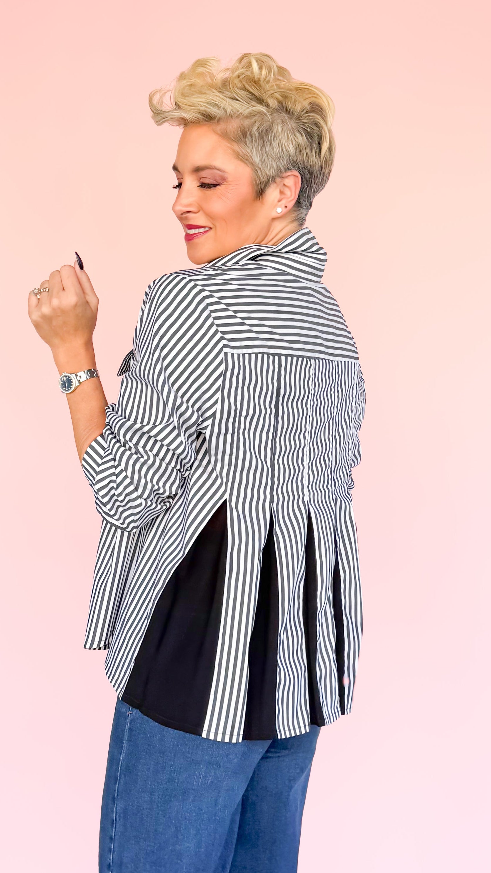 Jenn Striped Long Sleeve Top/Black