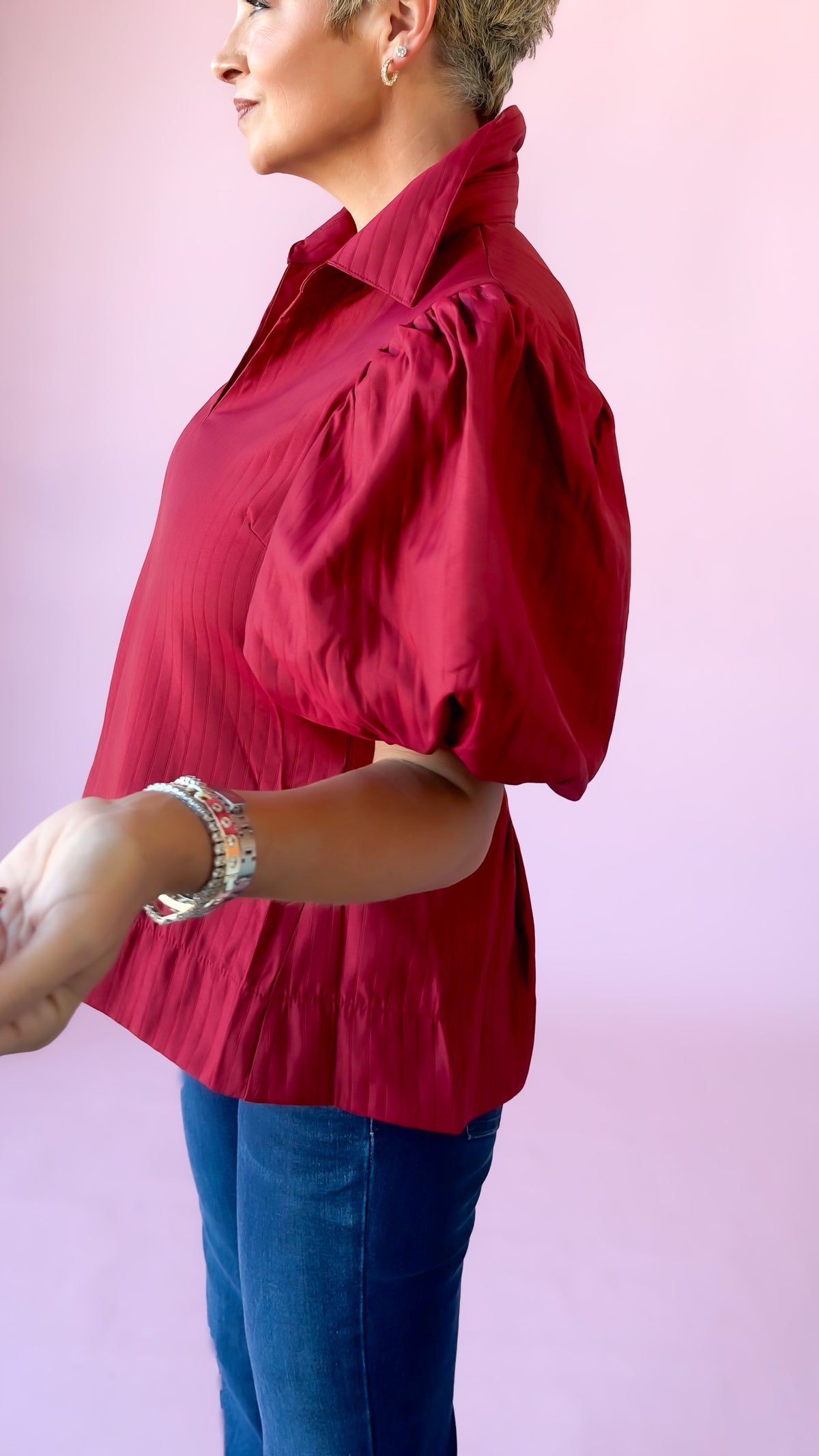 Puff Sleeve Peplum Top/Red