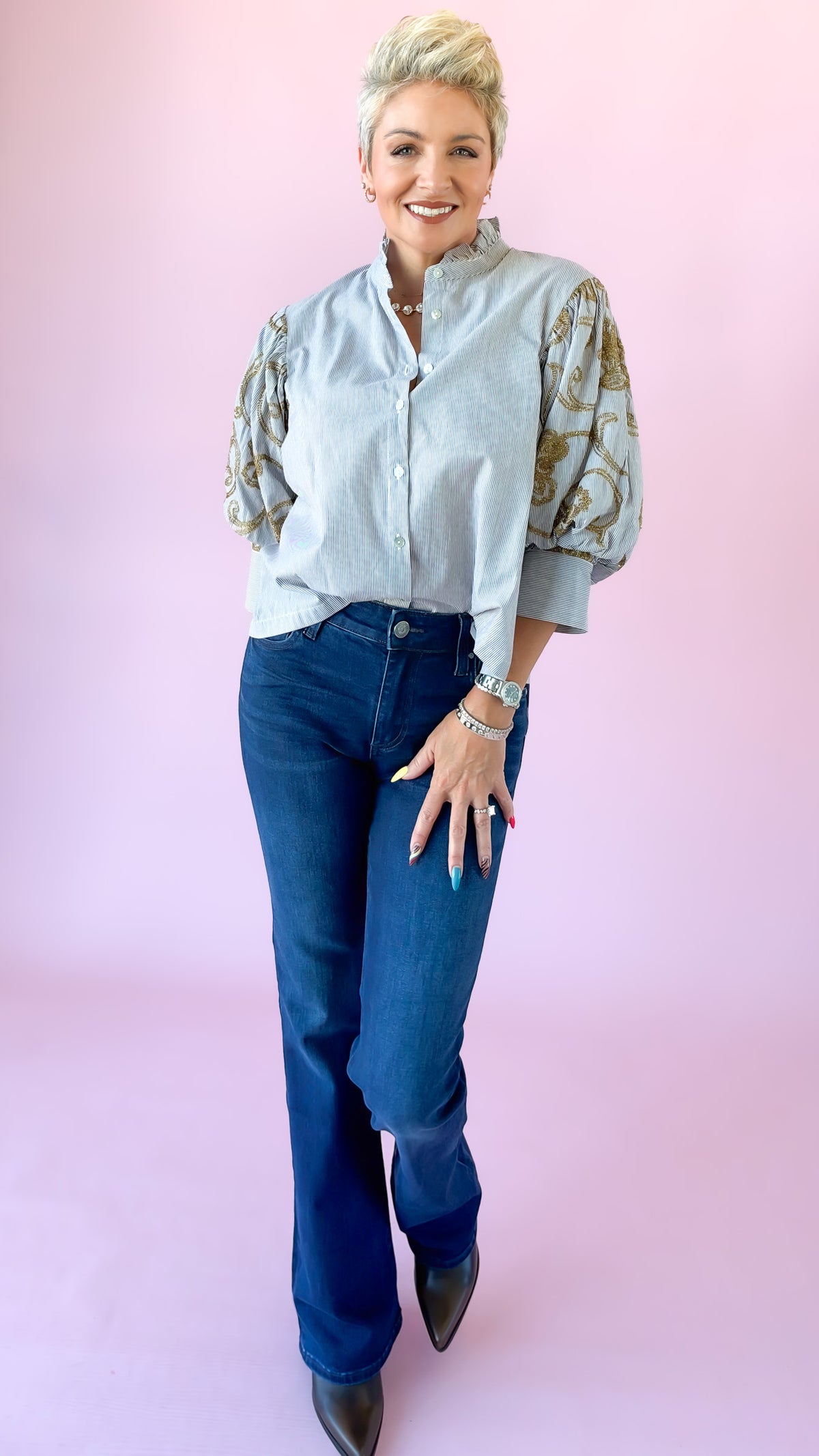 Ruffle Embroidery Sleeve Blouse/Brown