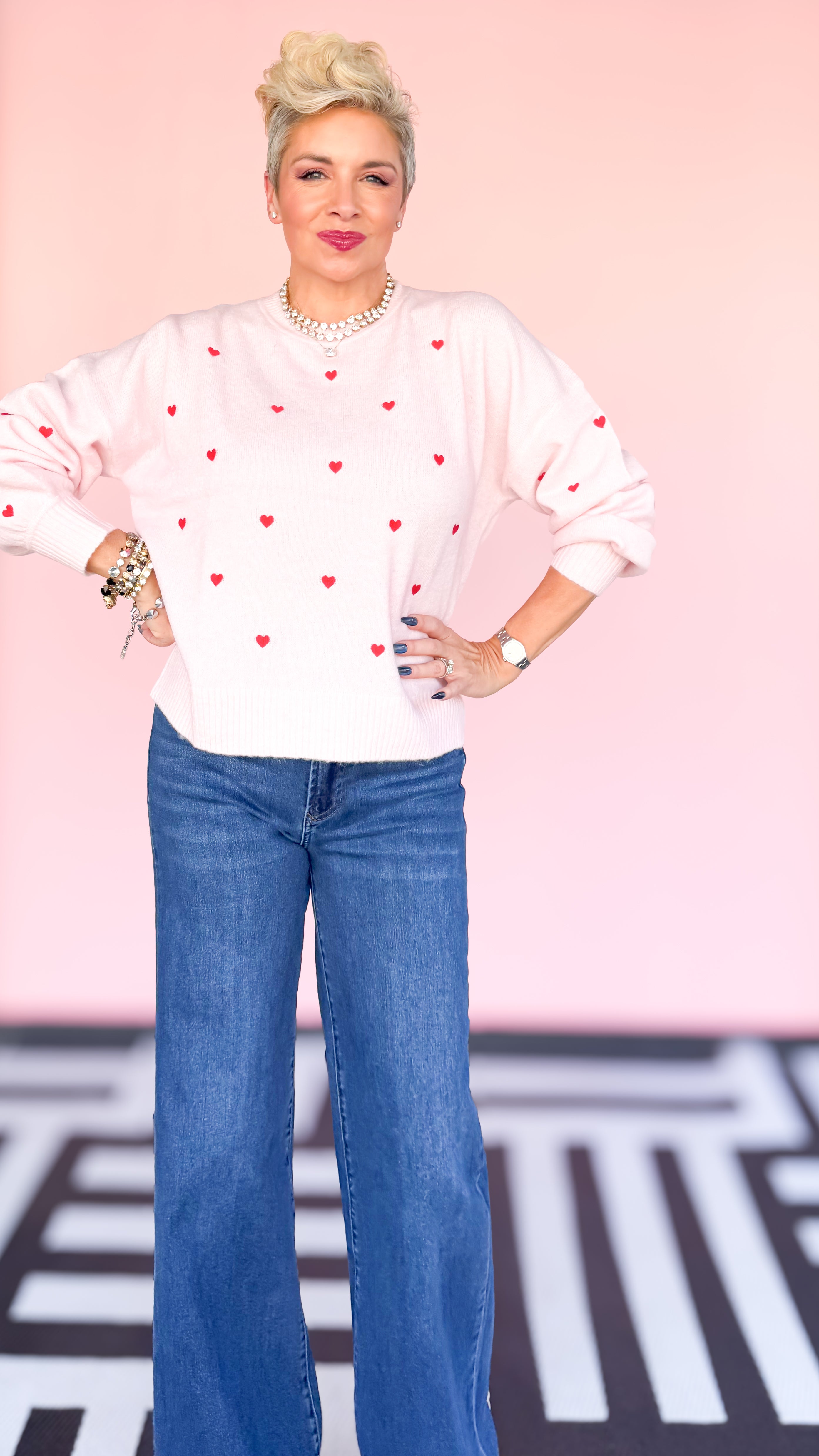 Embroidered Hearts Sweater/Blush