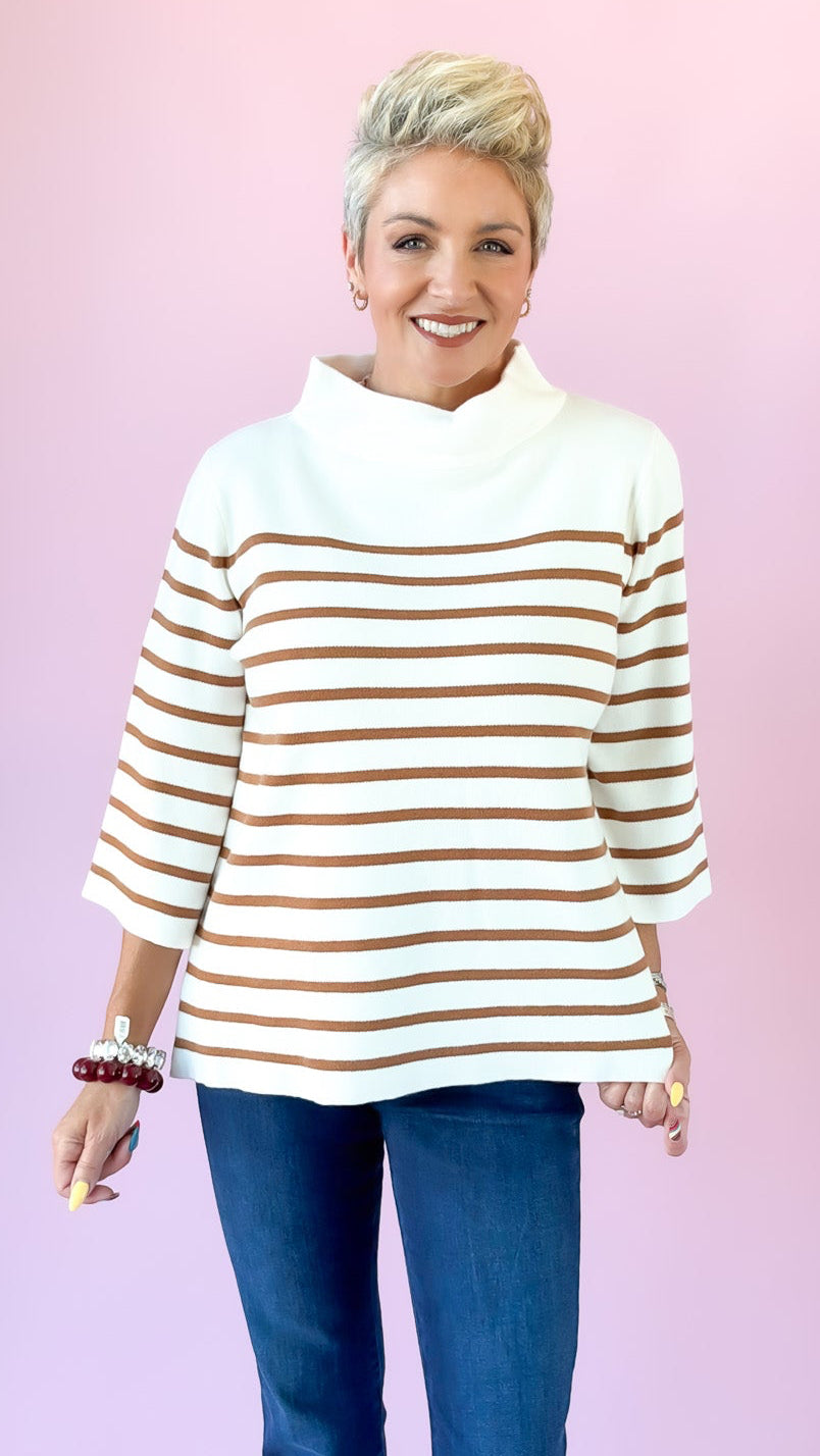 Striped Mock Neck Sweater/Cream/Brown
