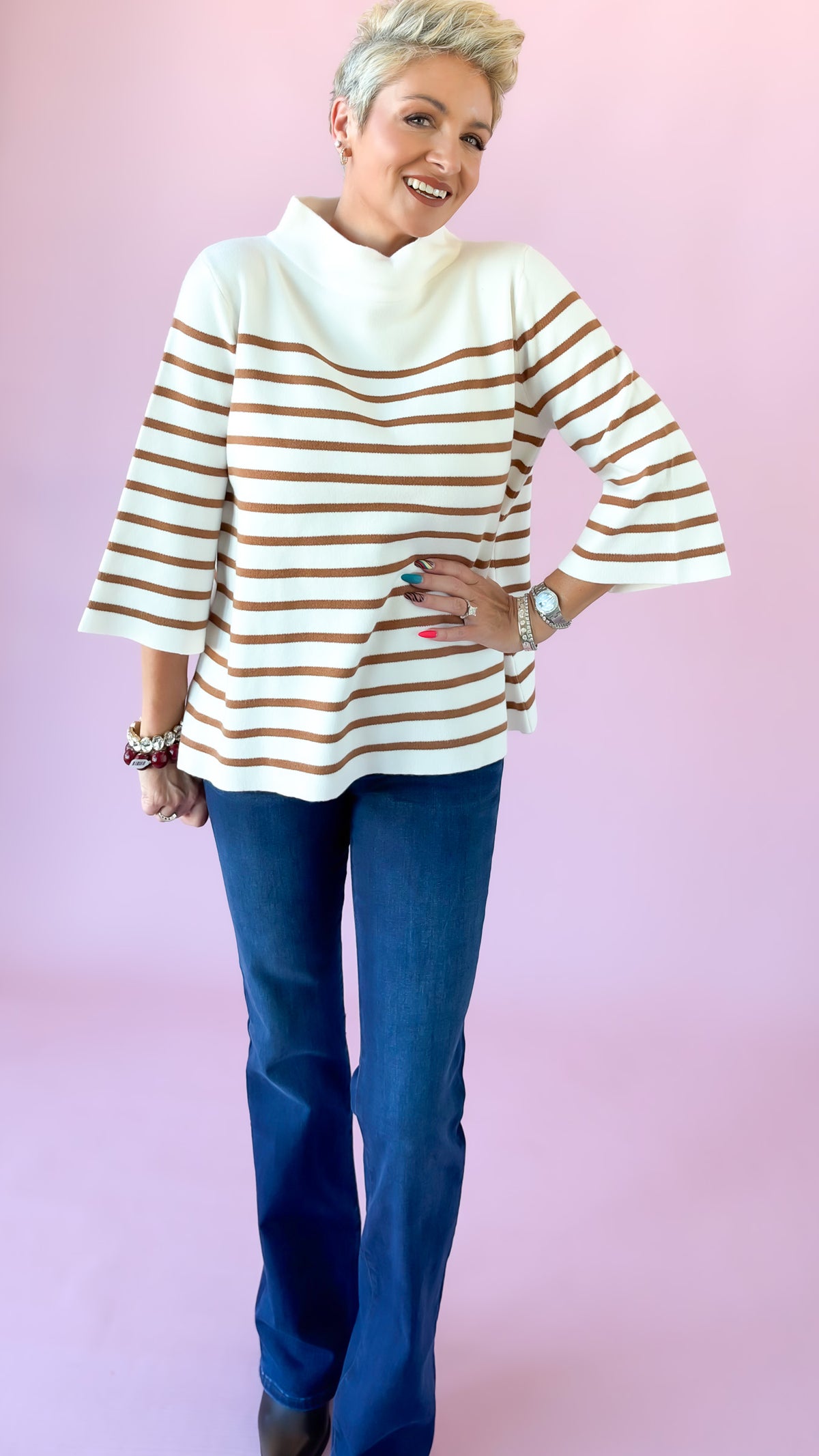 Striped Mock Neck Sweater/Cream/Brown