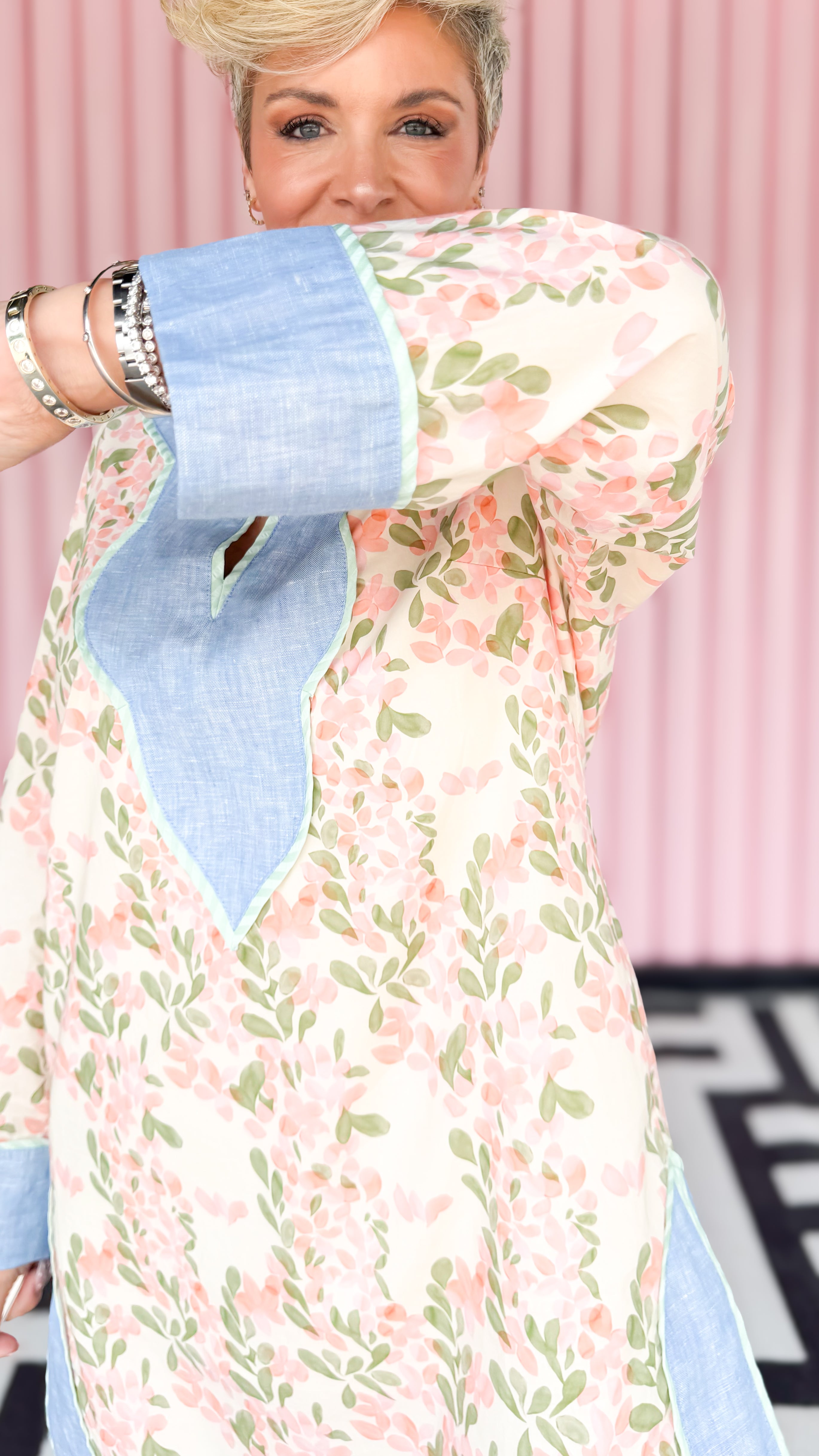 Lana long sleeve floral tunic worn on model - styled view - BLVD Boutik