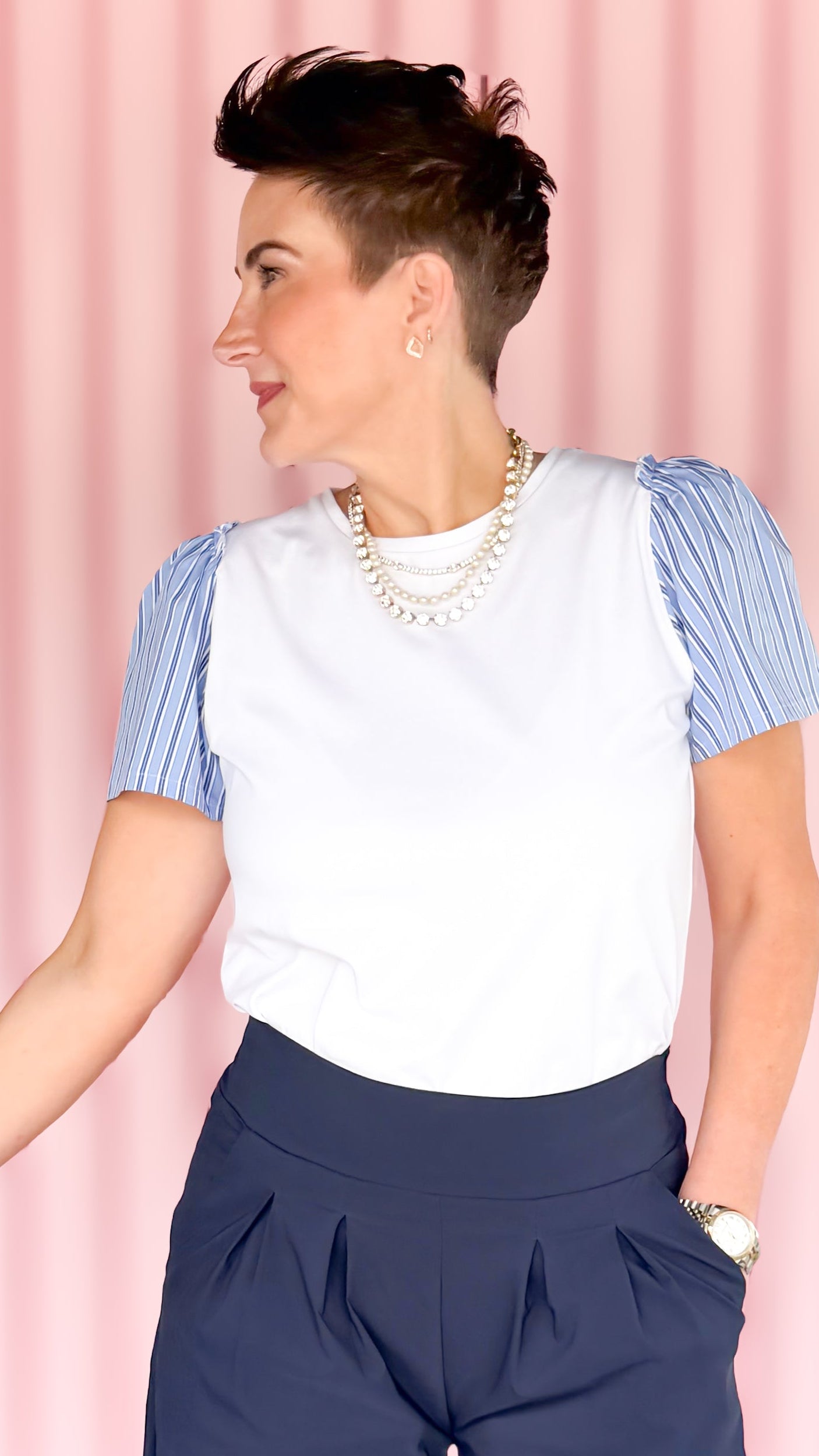 White Tee w/Stripe Short Sleeves