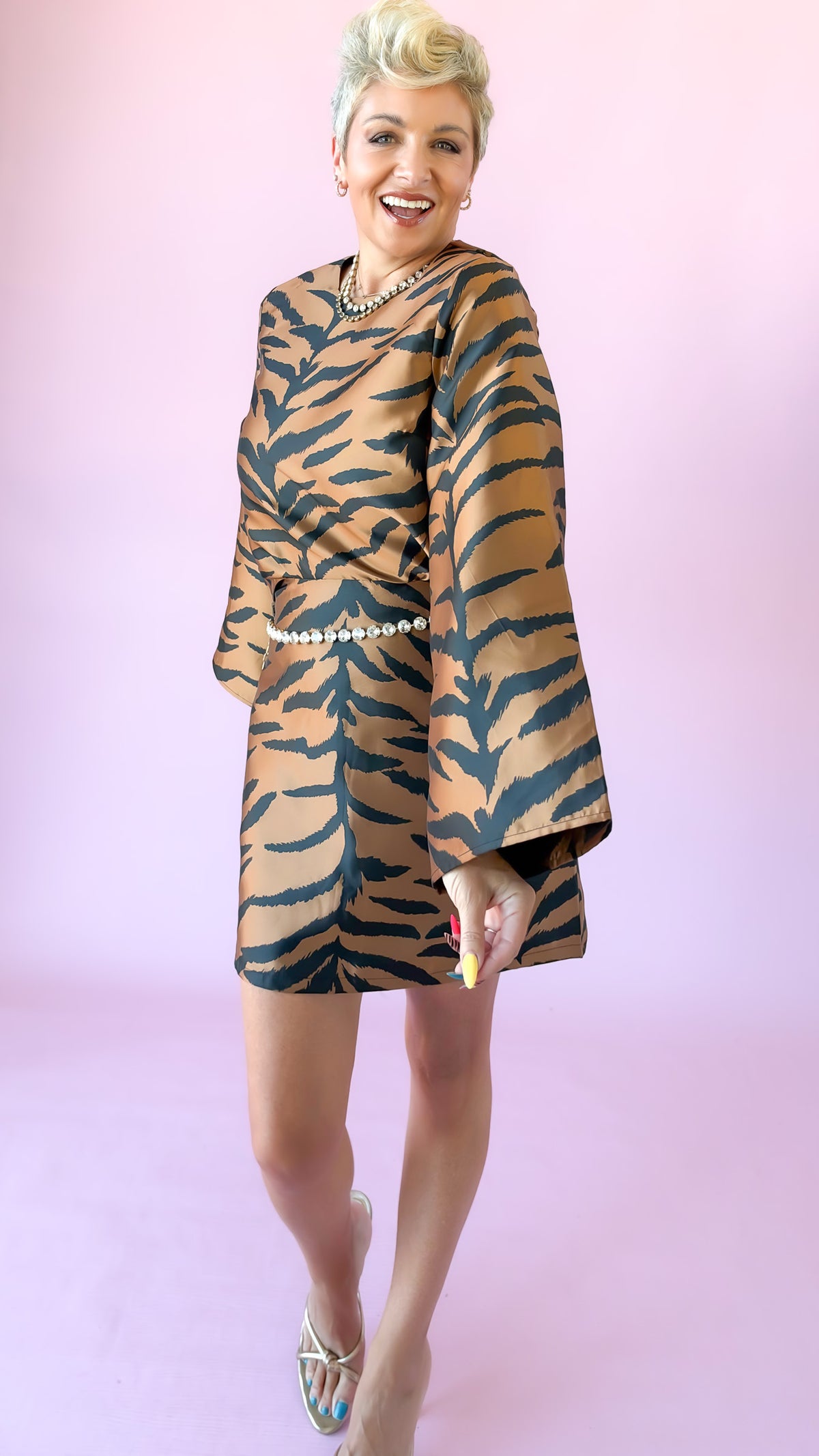 Tiger Flared Sleeve Crop Top/Brown/Black