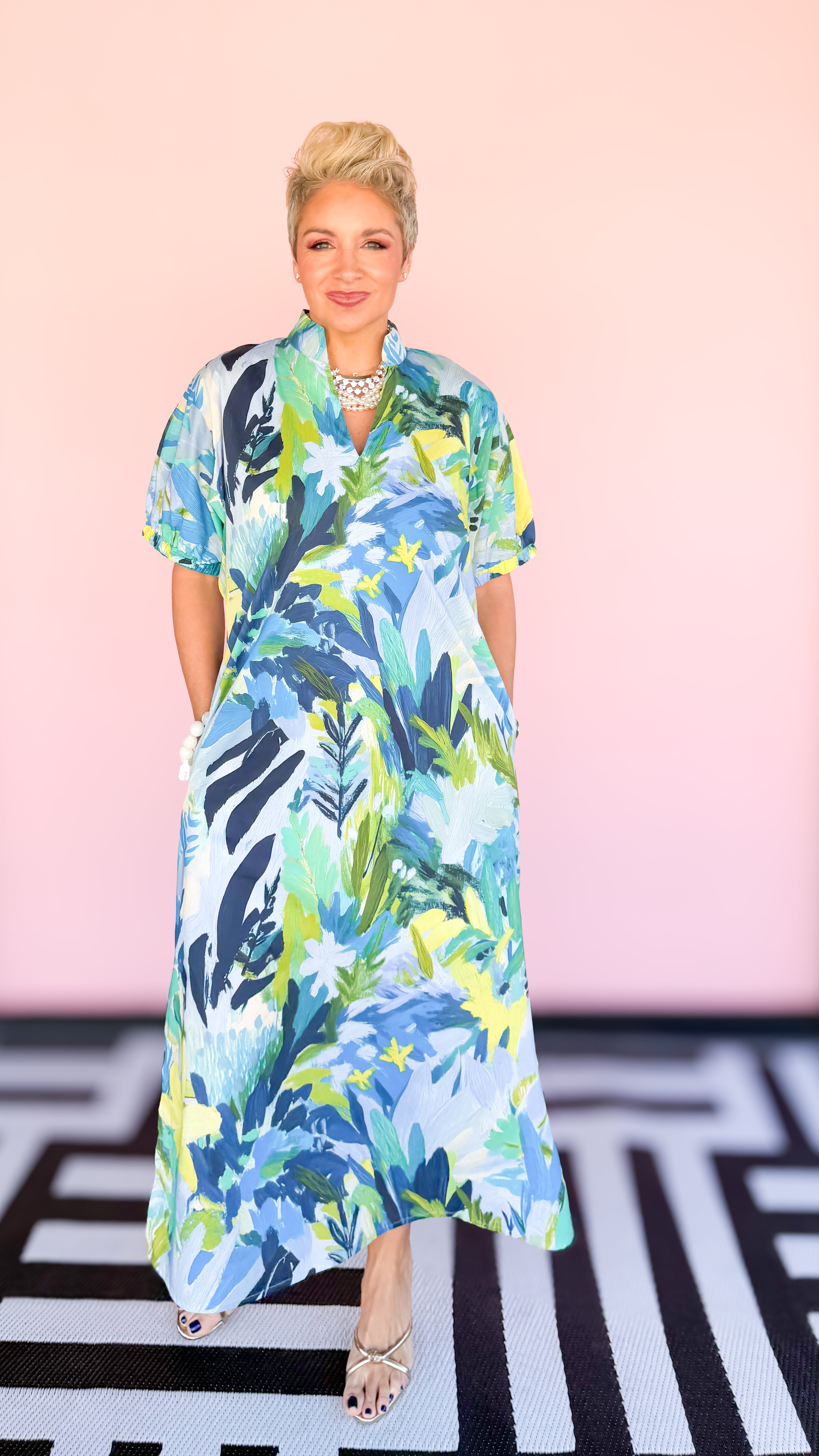 Watercolor Short Sleeve Maxi Dress/Blue