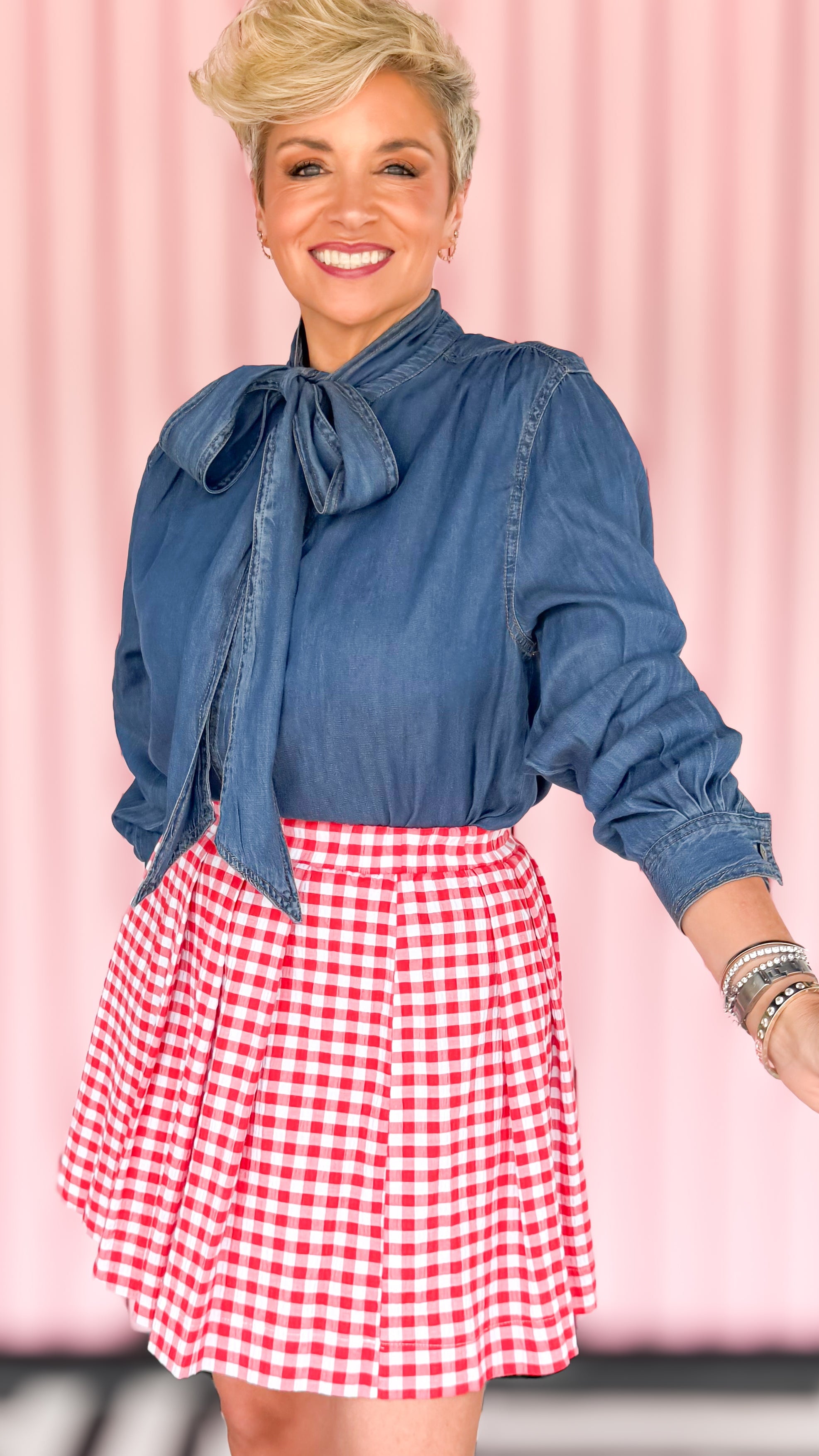 Tie neck hidden button chambray blouse worn on model - front view - BLVD Boutik