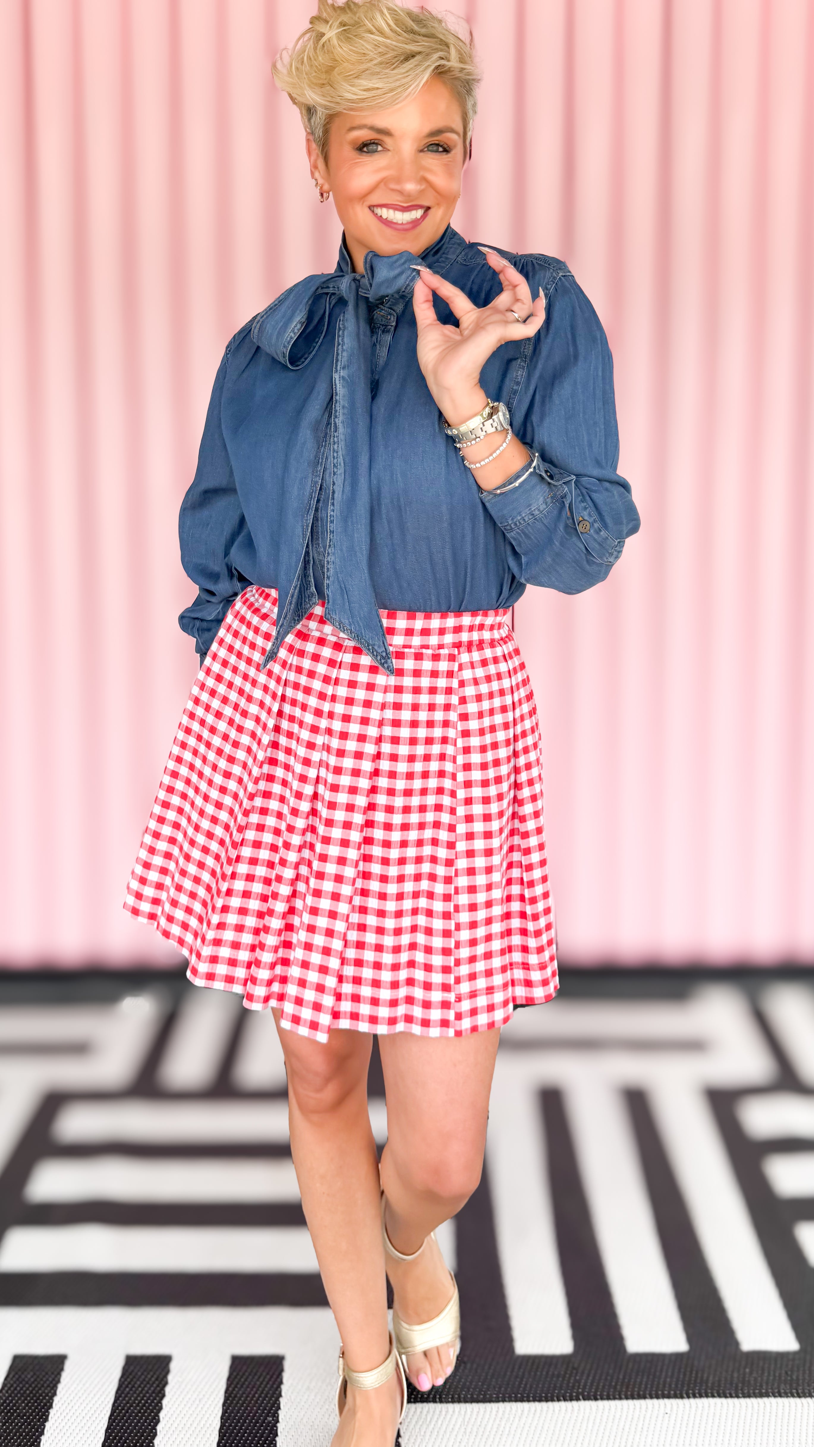 Tie neck hidden button chambray blouse worn on model - back view - BLVD Boutik