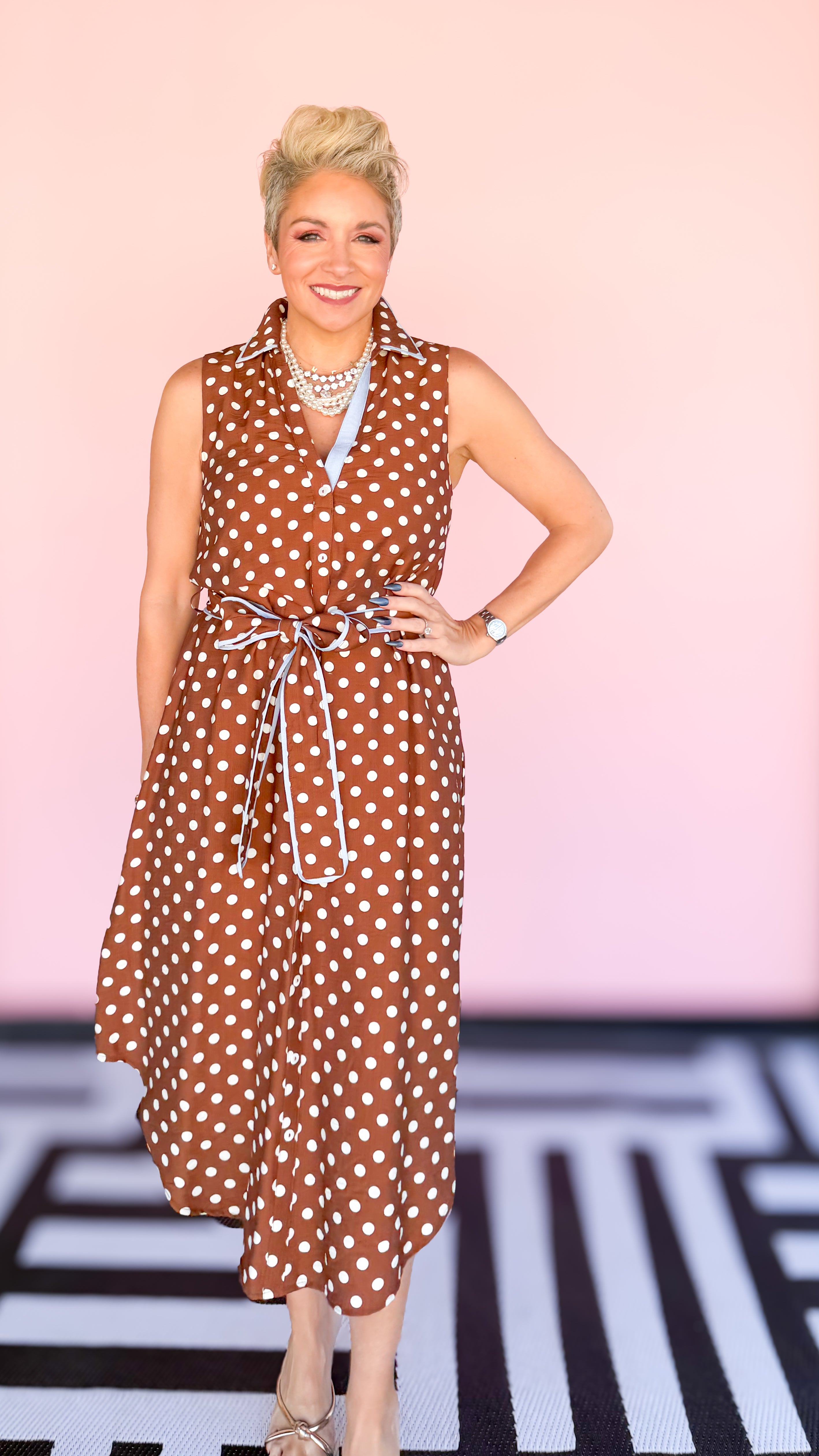 Julia Sleeveless Polka Dot Dress/Brown