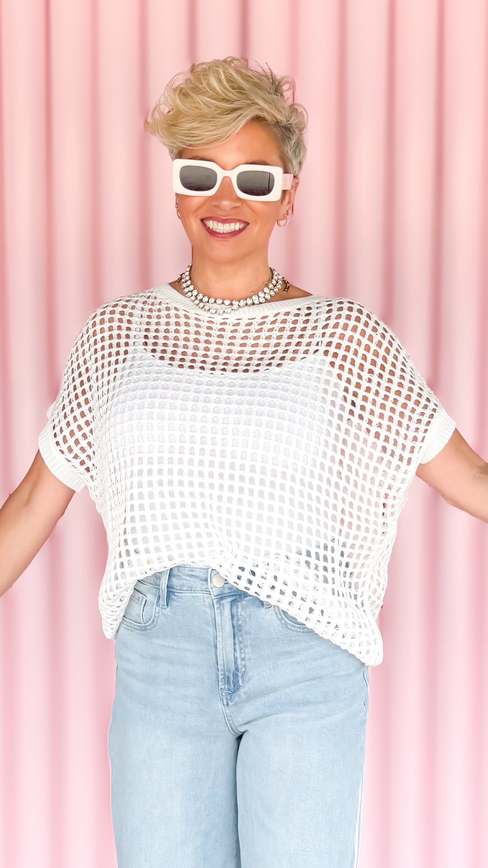 Open Knit Coverup Top/White