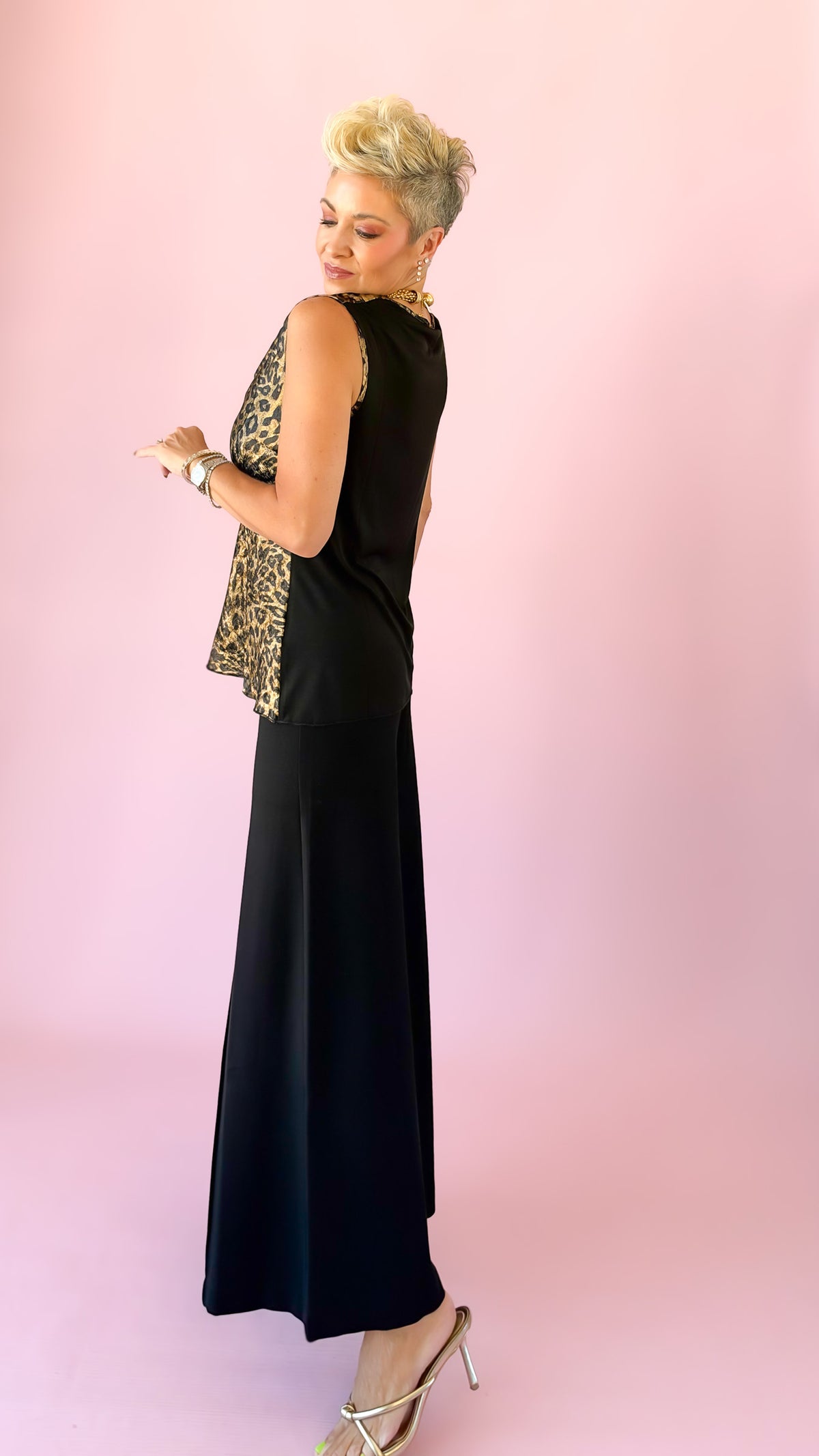 Leopard Lamé Cowl Neck Tank