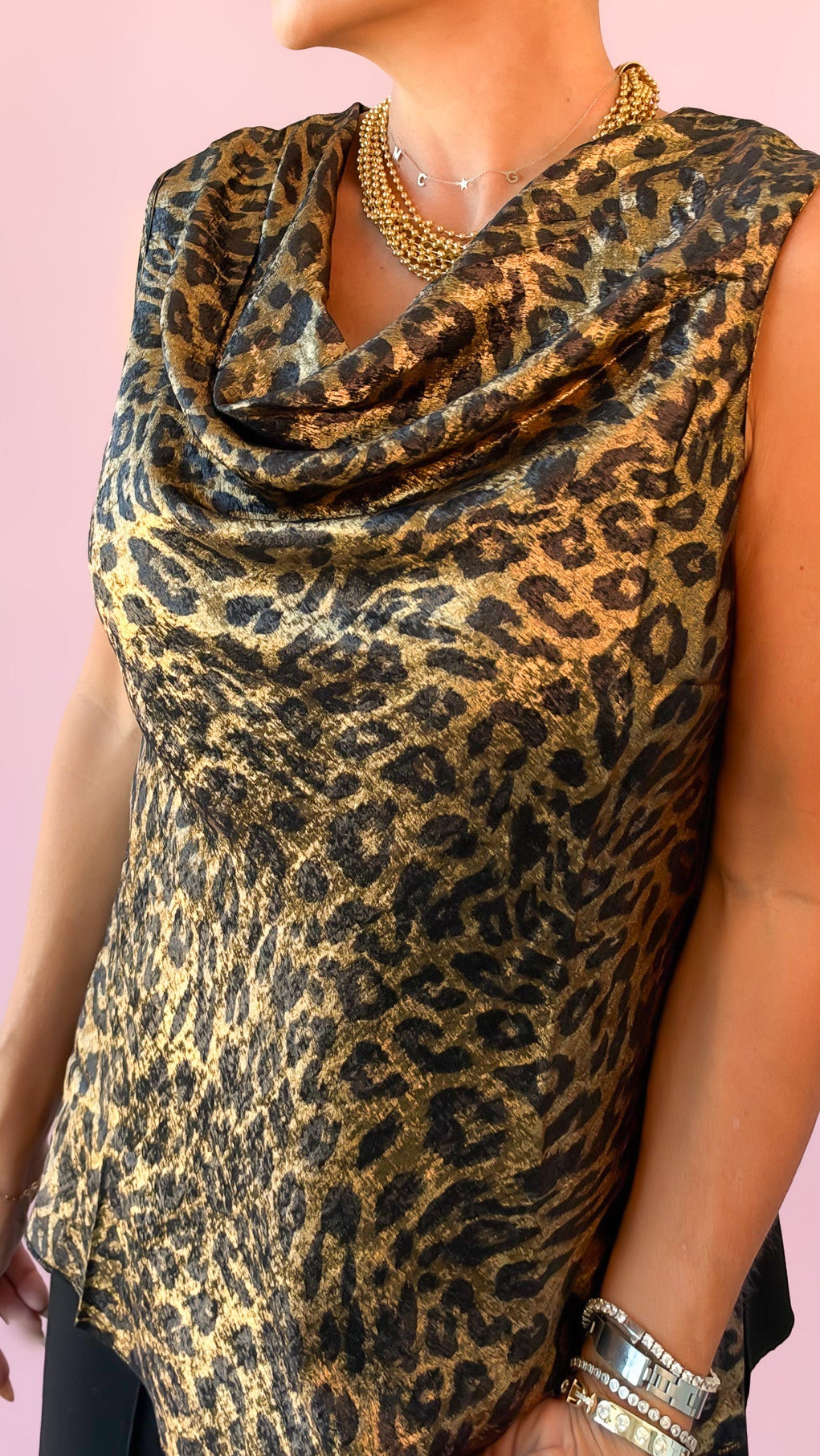 Leopard Lamé Cowl Neck Tank