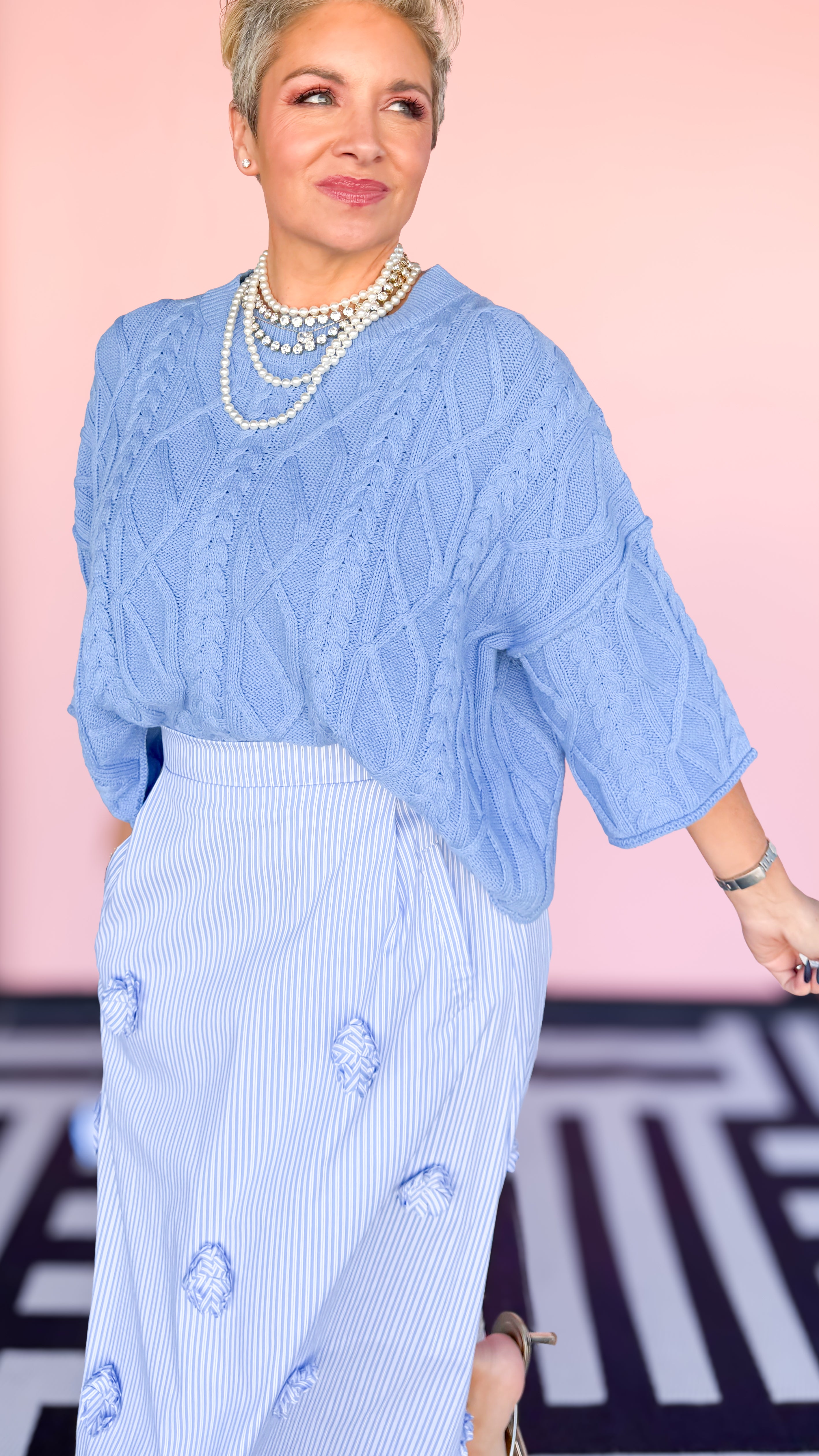 Bell Sleeve Cable Knit Sweater/Blue