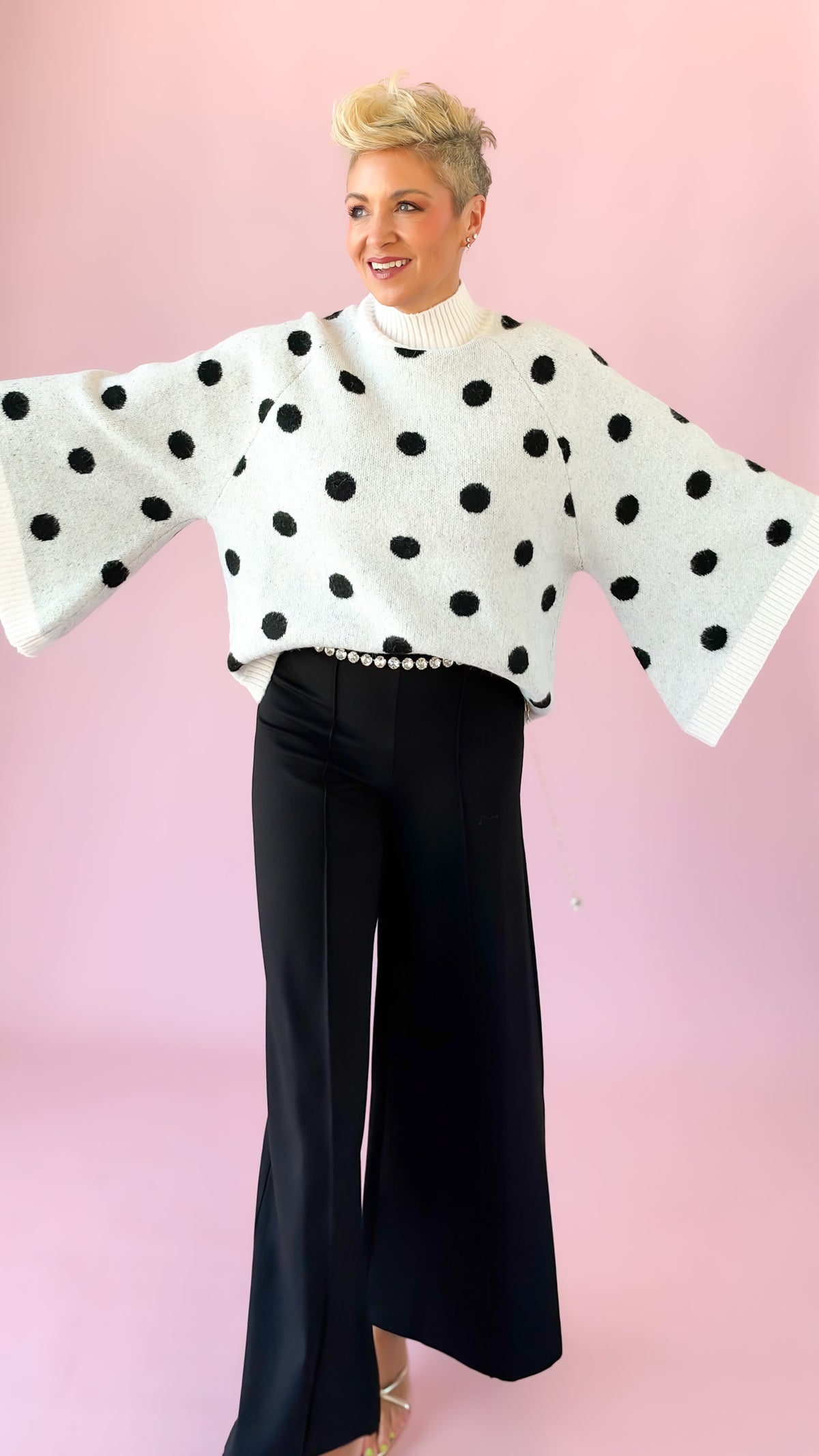 Polka Dot Turtleneck Top/White