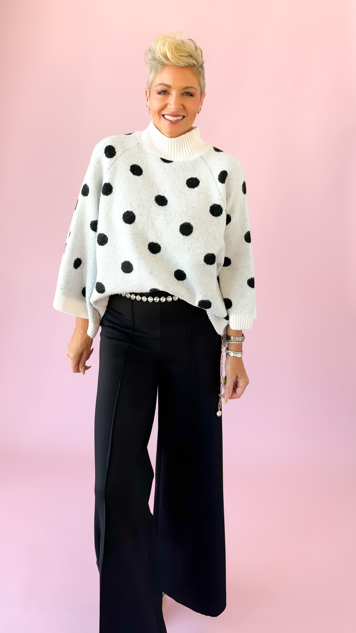 Polka Dot Turtleneck Top/White