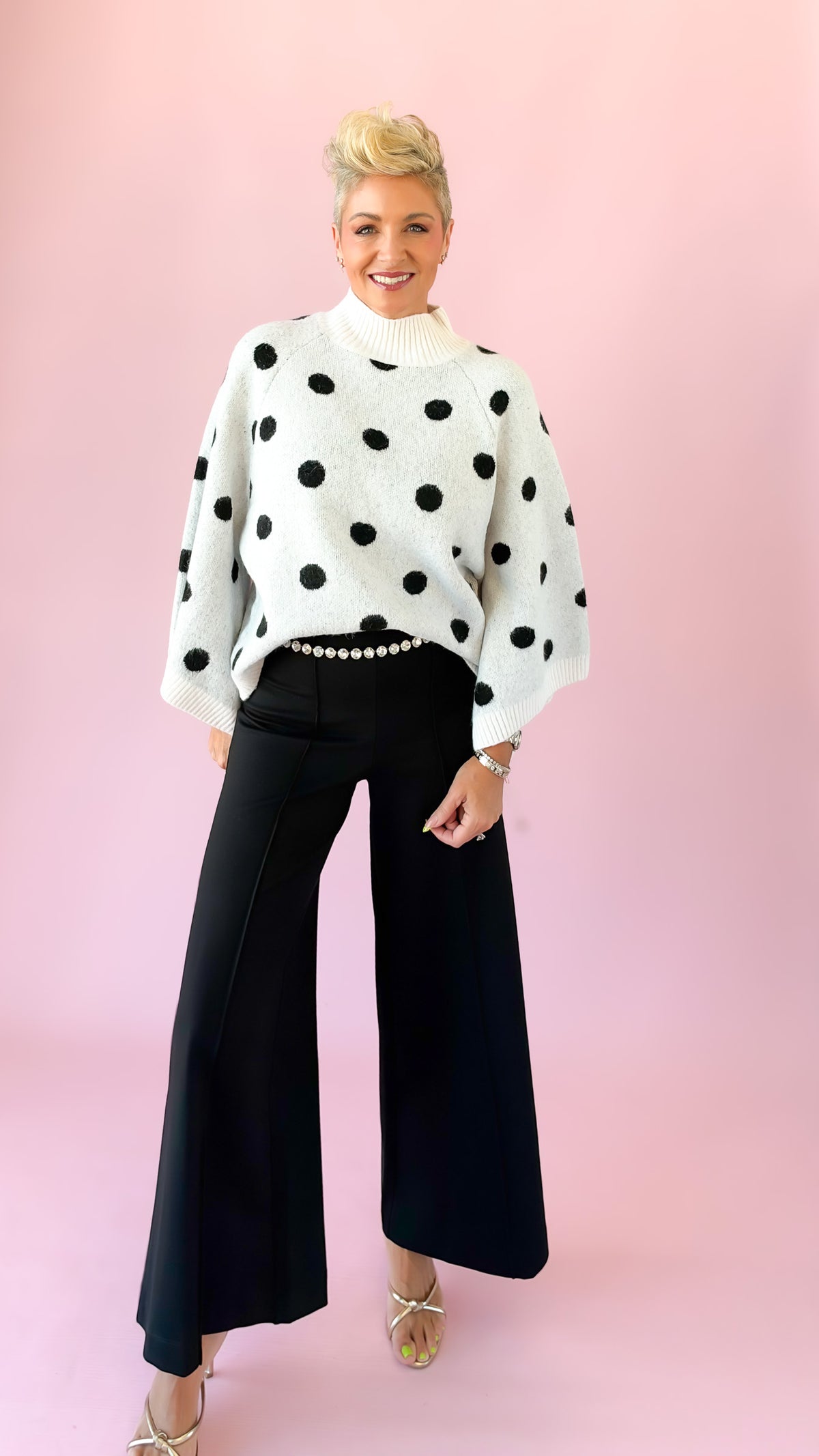 Polka Dot Turtleneck Top/White