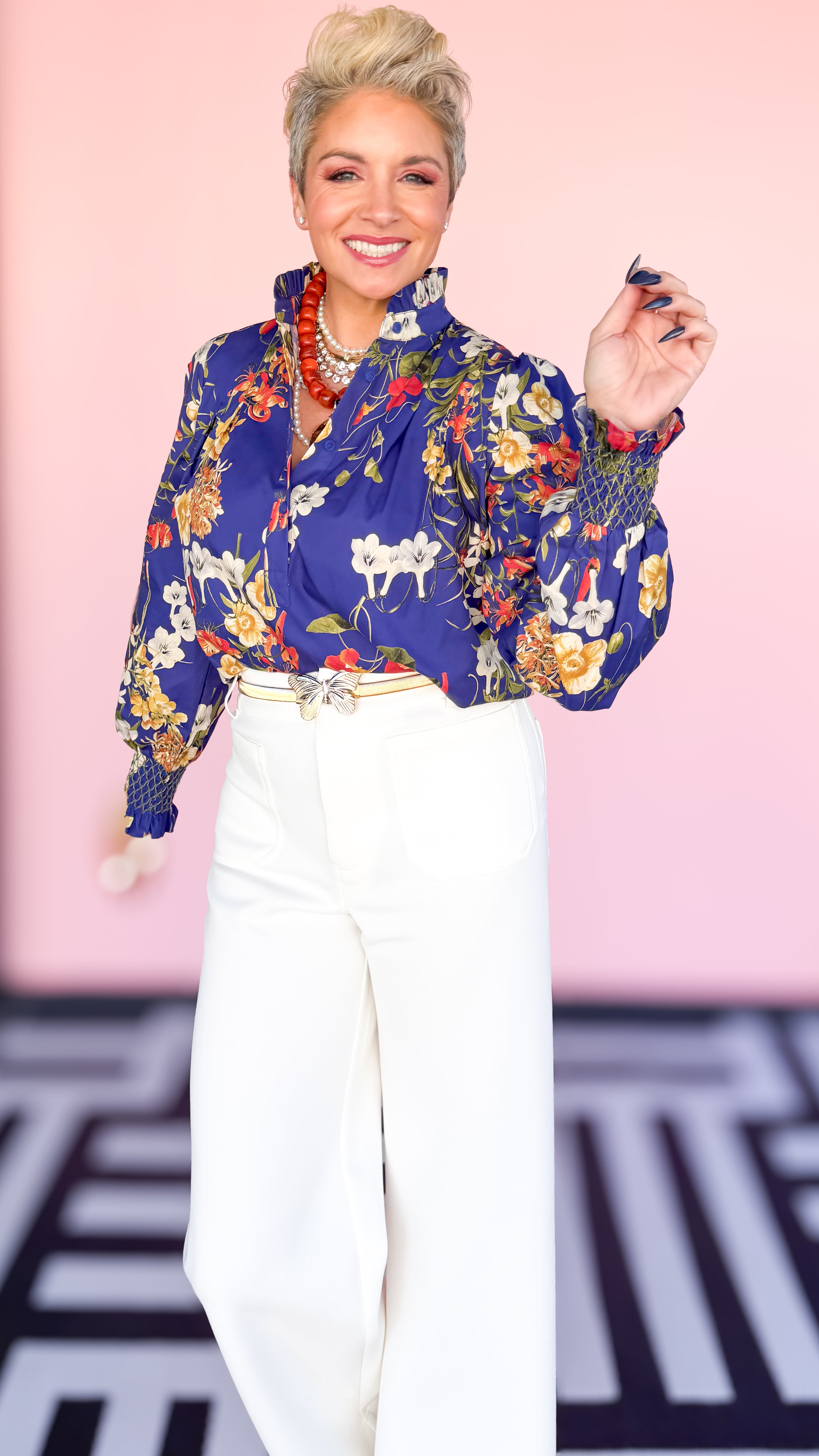 Floral High Ruffle Collar Blouse/Blue