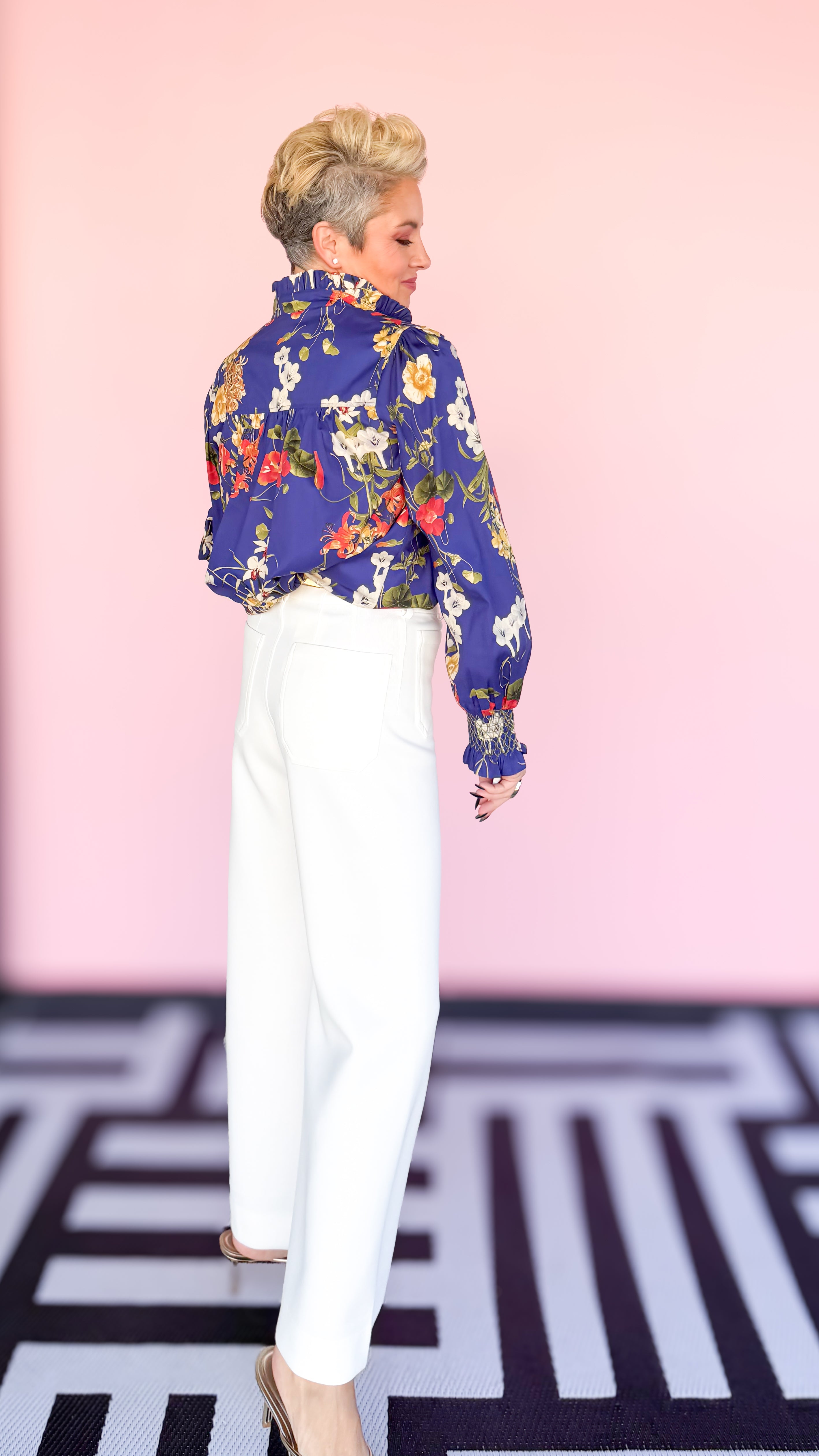 Floral High Ruffle Collar Blouse/Blue - The BLVD