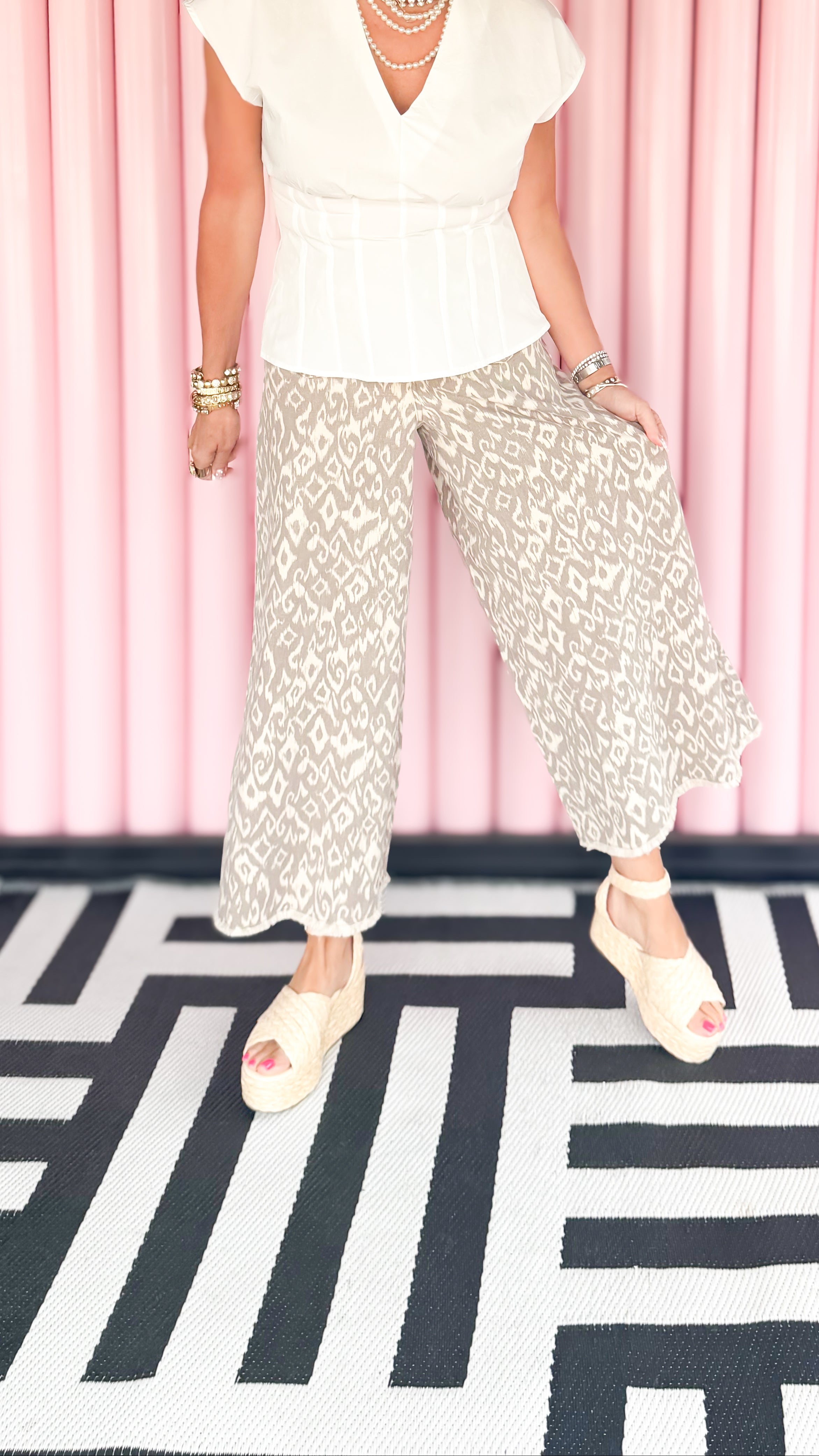 SuperWide leg ikat jeans in taupe worn on model - side view - BLVD Boutik