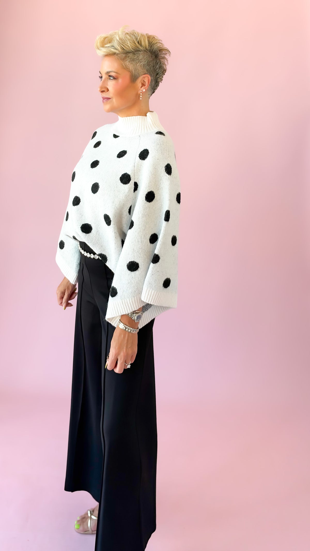 Polka Dot Turtleneck Top/White