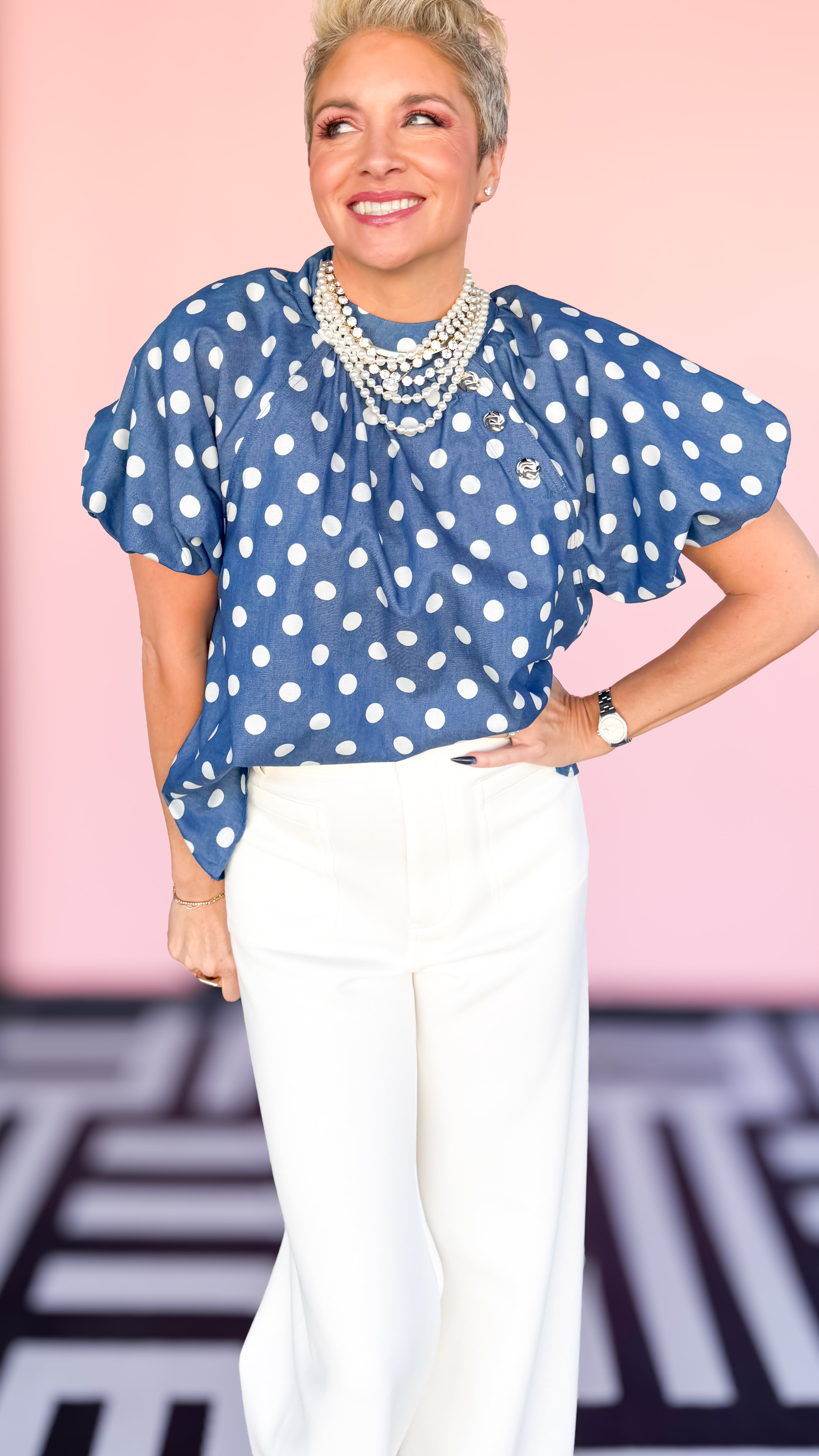 Polka Dot Bubble Sleeve Top/Blue