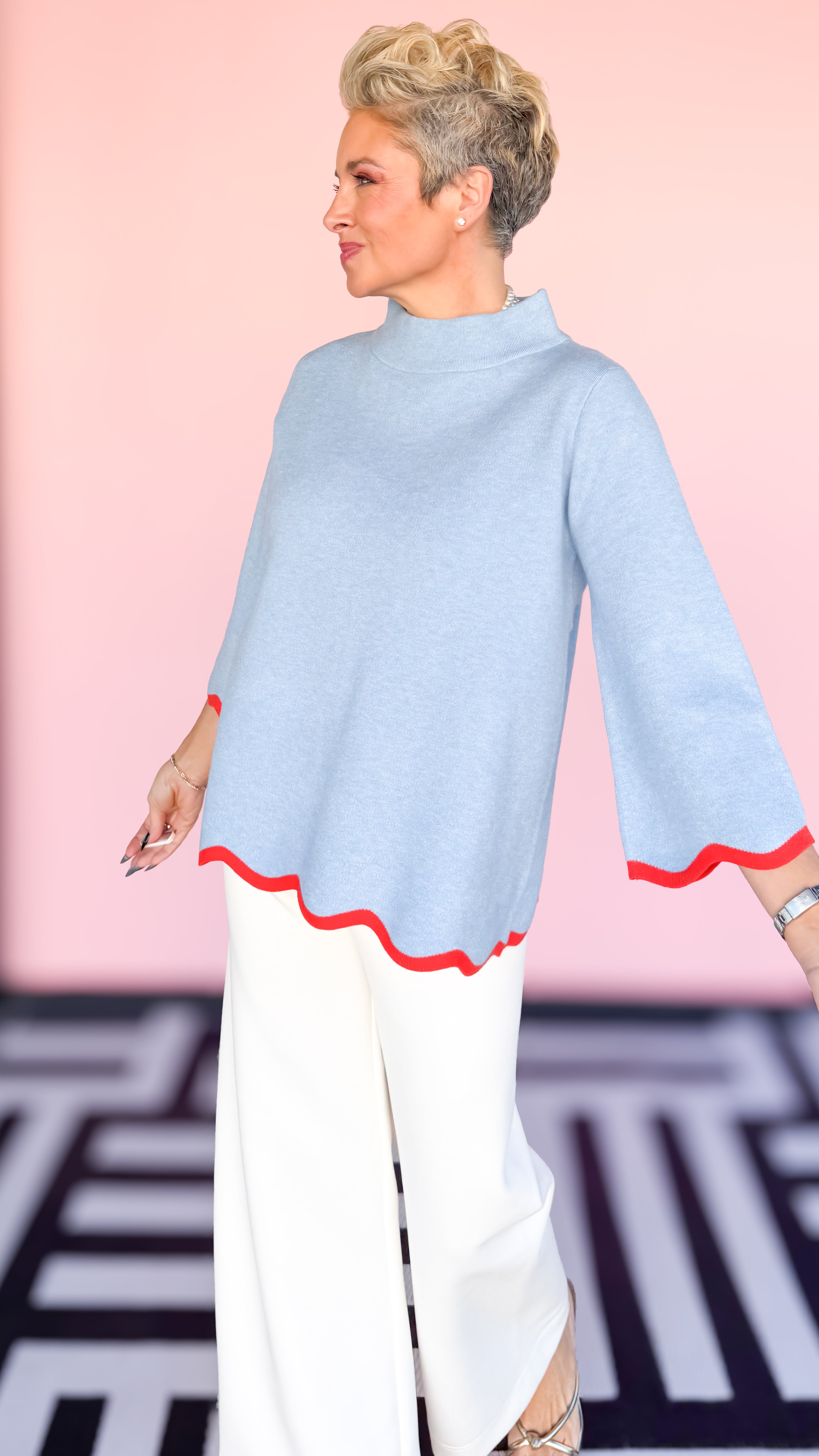 Mock Neck w/Scalloped Edges/Blue - The BLVD