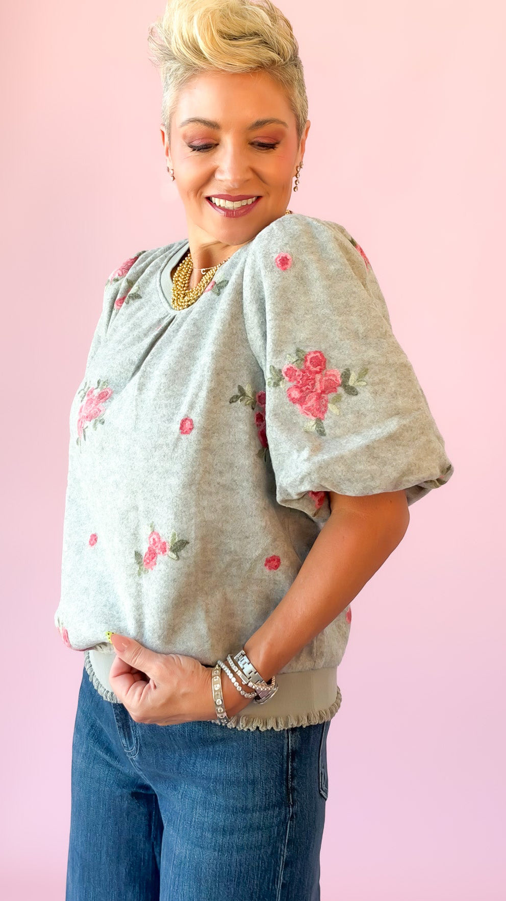 Floral Crewneck Top/Grey