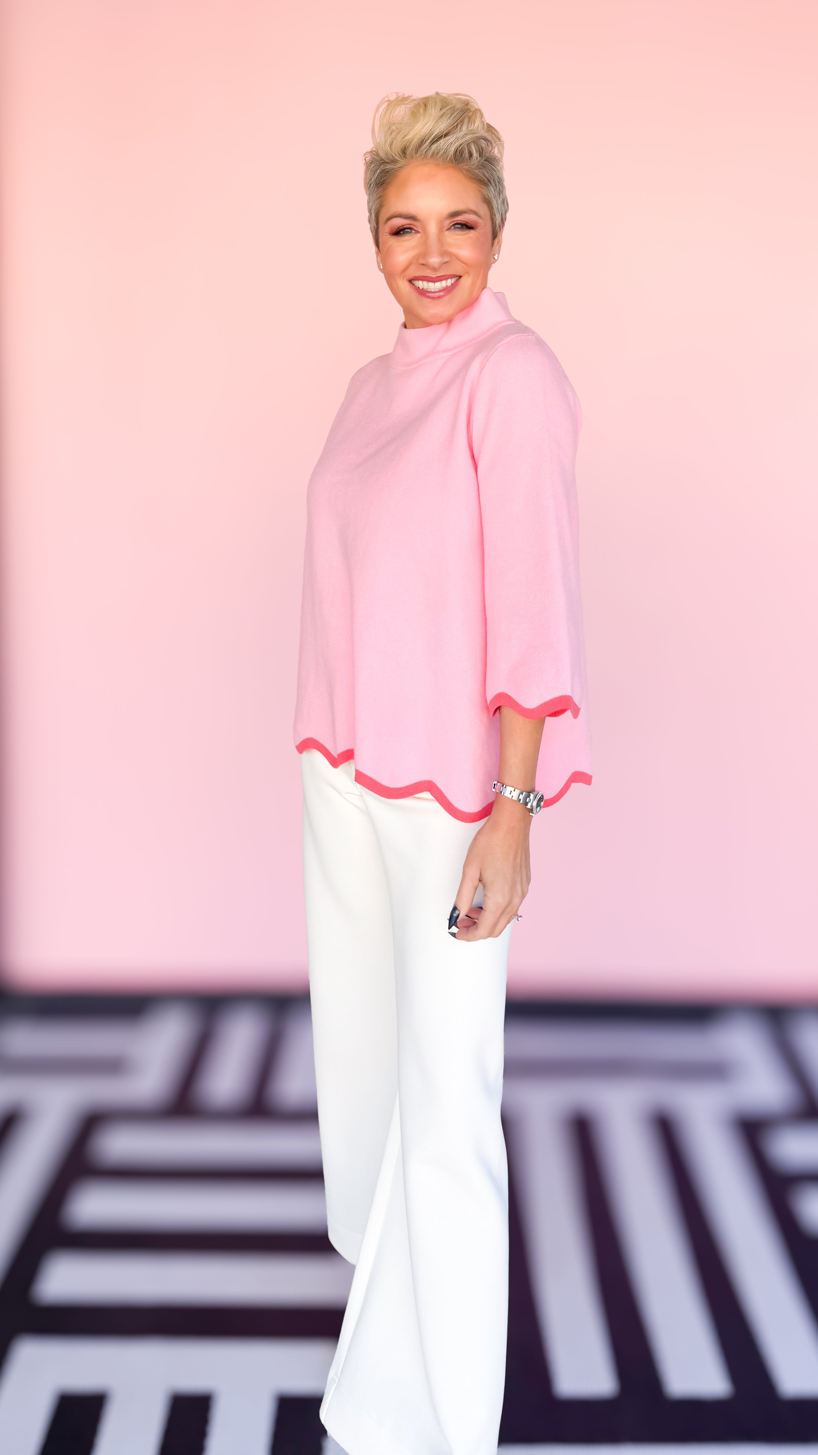Mock Neck w/Scalloped Edges/Pink - The BLVD
