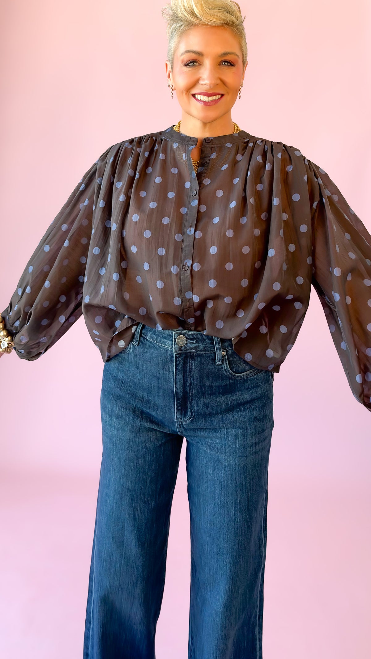 Polka Dot Puff Sleeve Top/Mocha