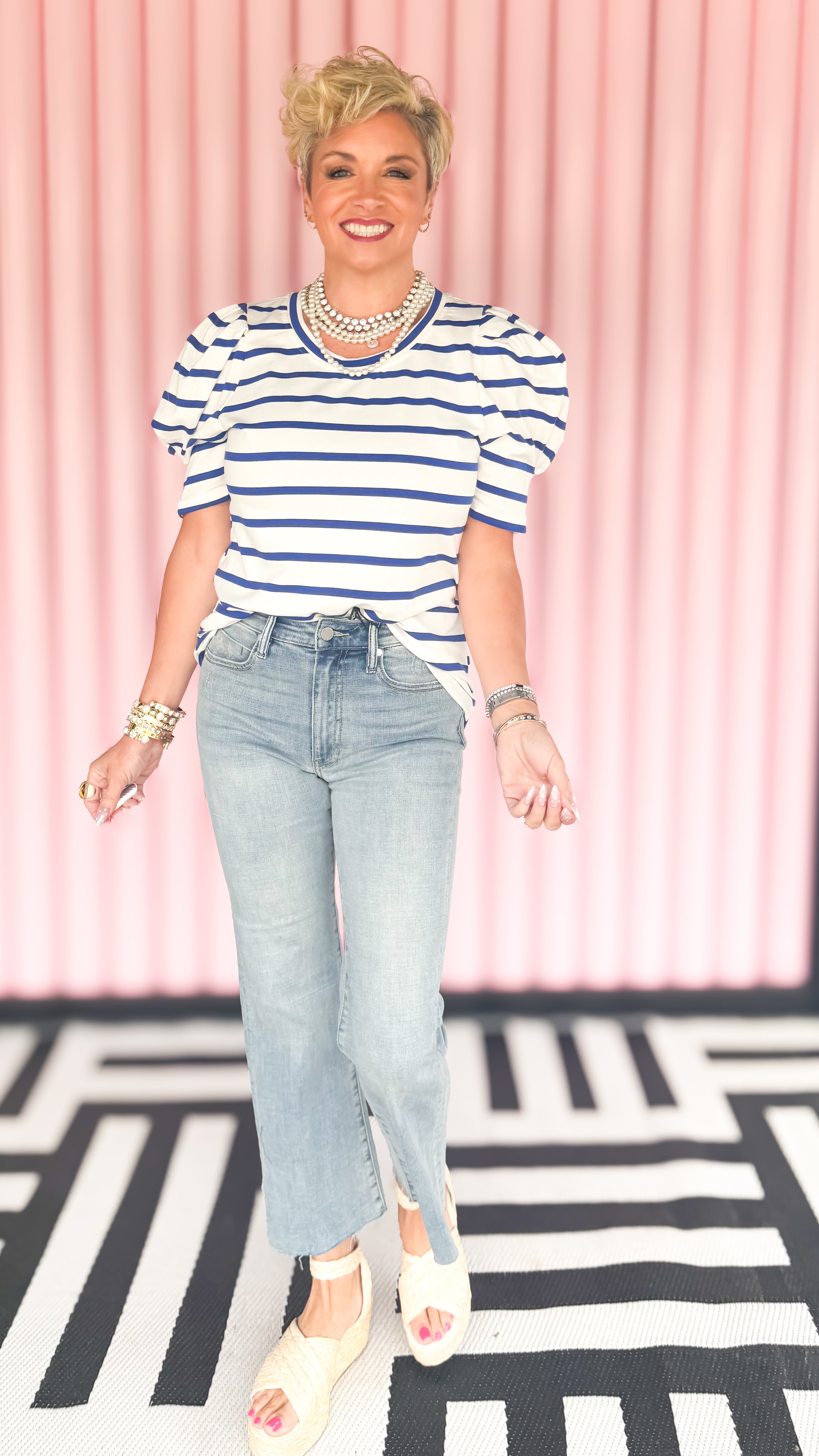 Stripe scoop neck puff sleeve top worn on model - alternate view - BLVD Boutik