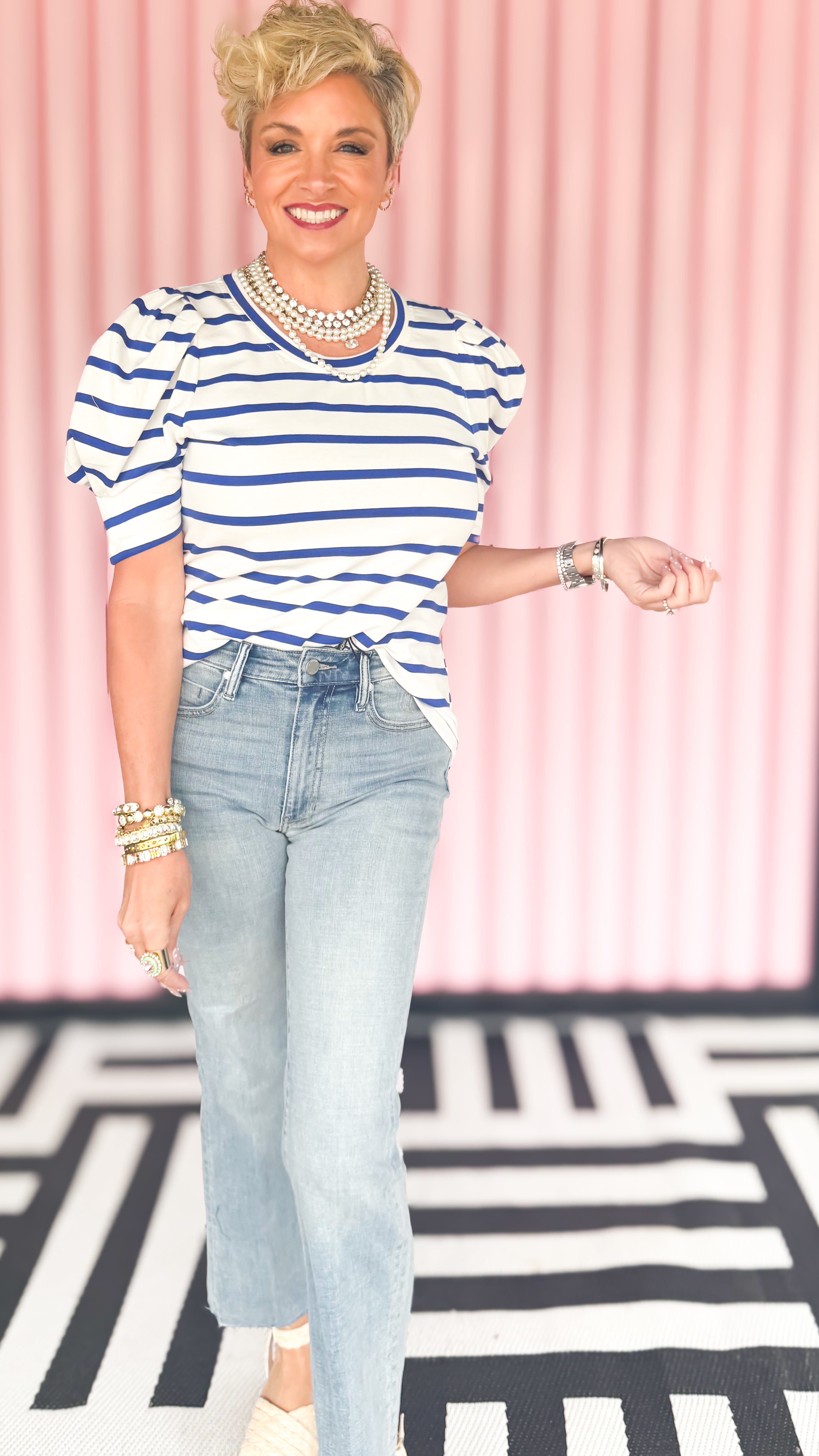 Stripe scoop neck puff sleeve top worn on model - styled view - BLVD Boutik
