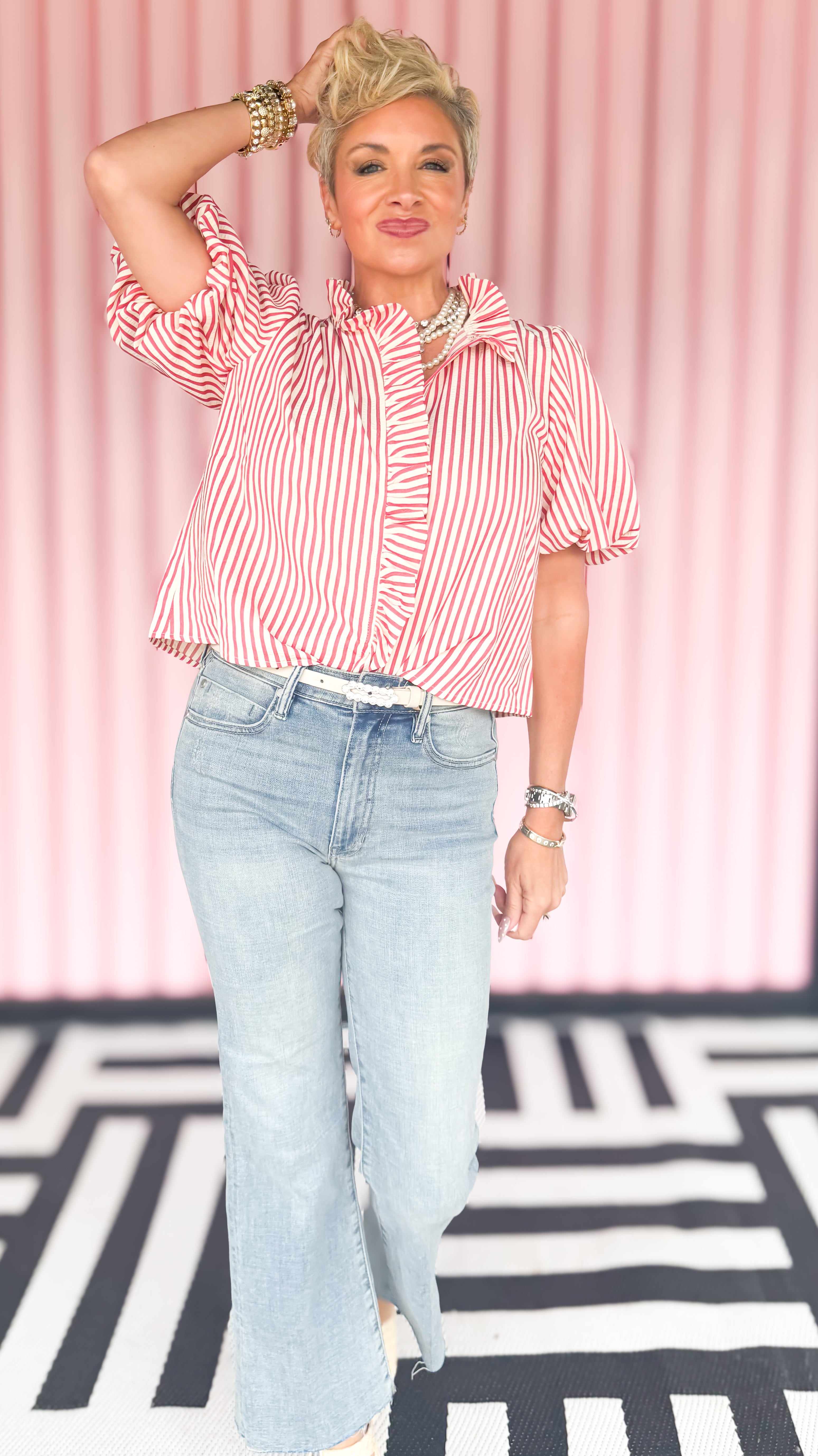 Ruffle Collar Puff Sleeve Striped Blouse