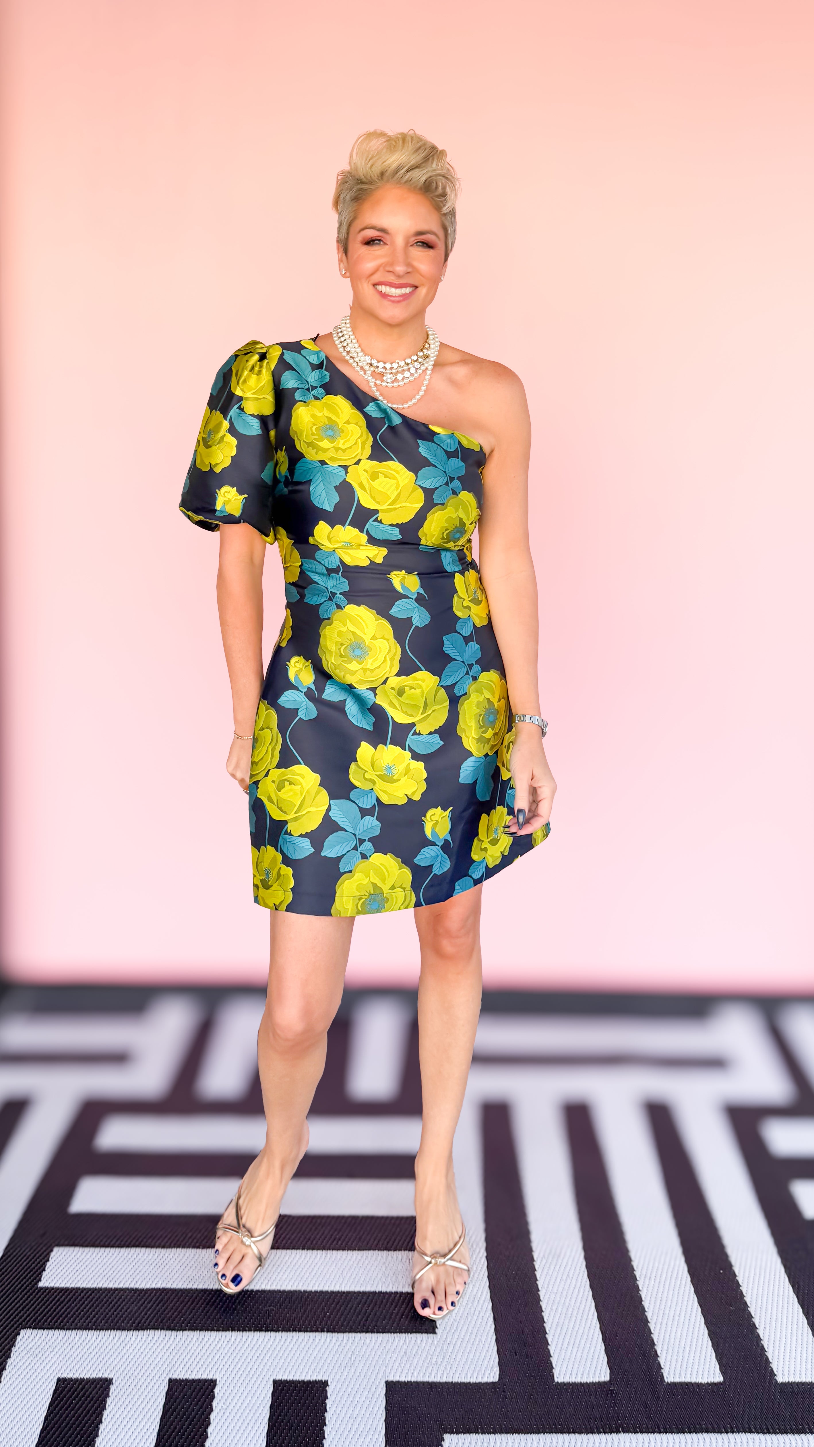 One Shoulder Jacquard Mini Dress/Navy - The BLVD