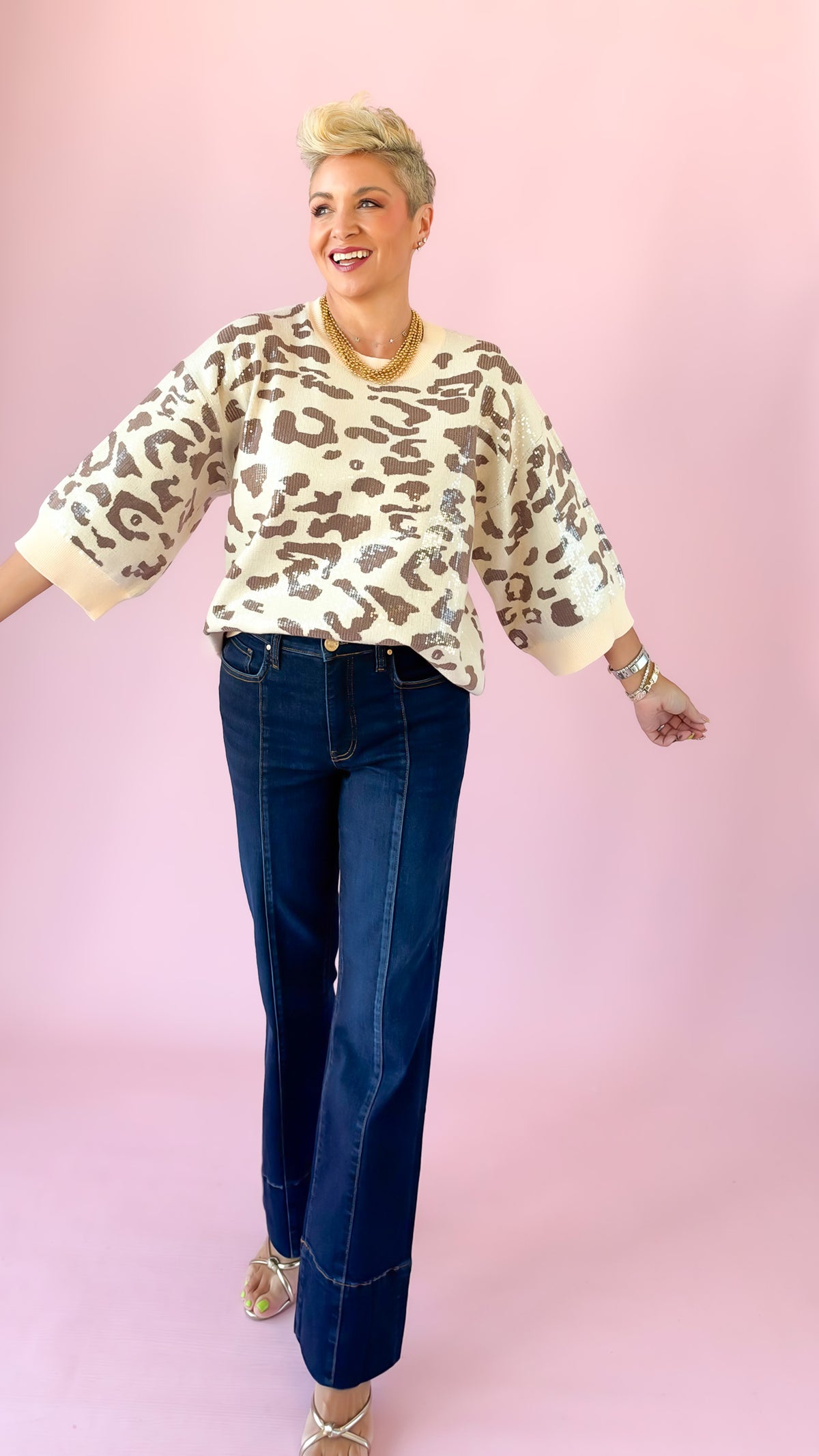 Sequin 3/4 Sleeve Top/Taupe Leopard