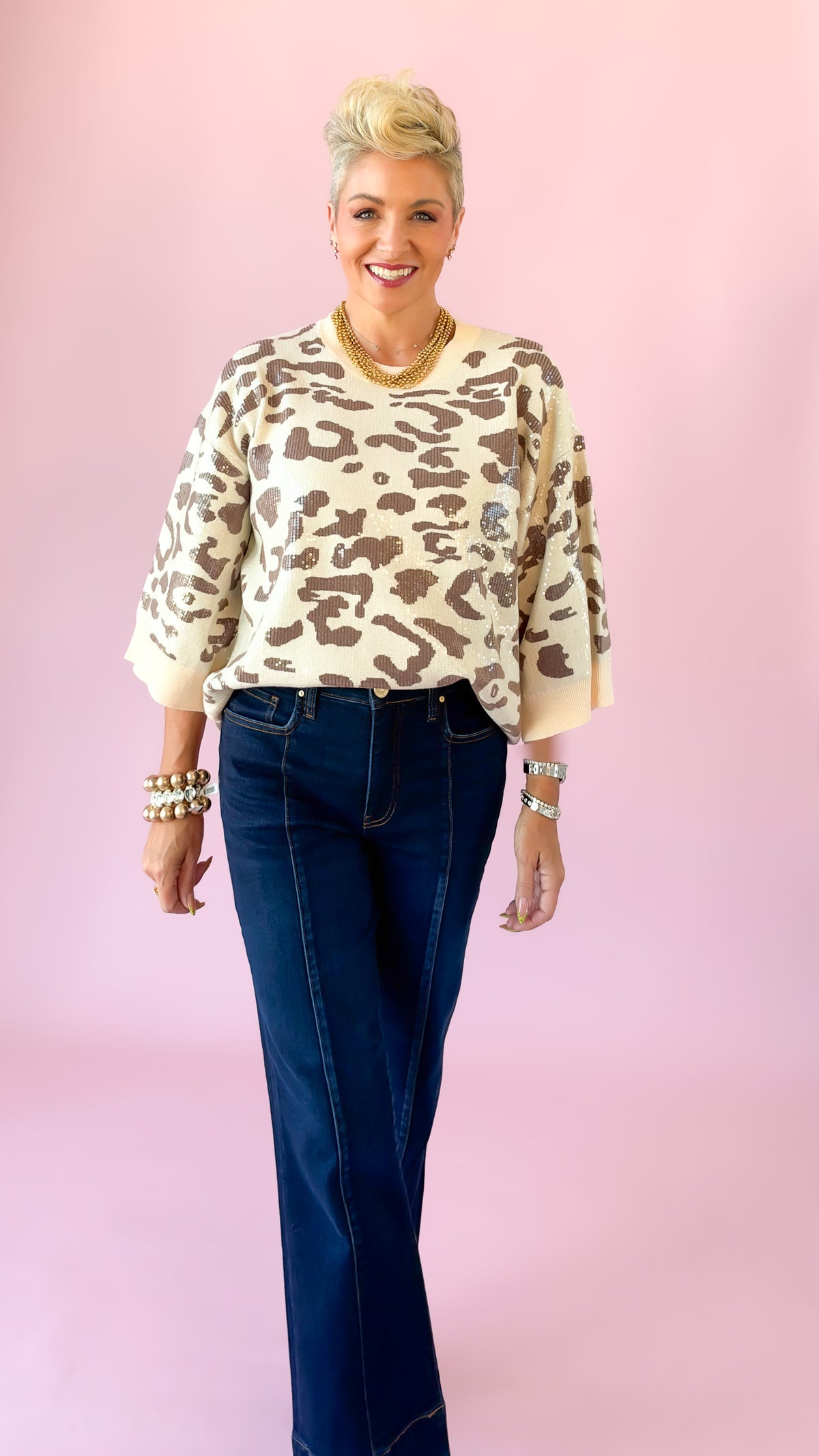 Sequin 3/4 Sleeve Top/Taupe Leopard