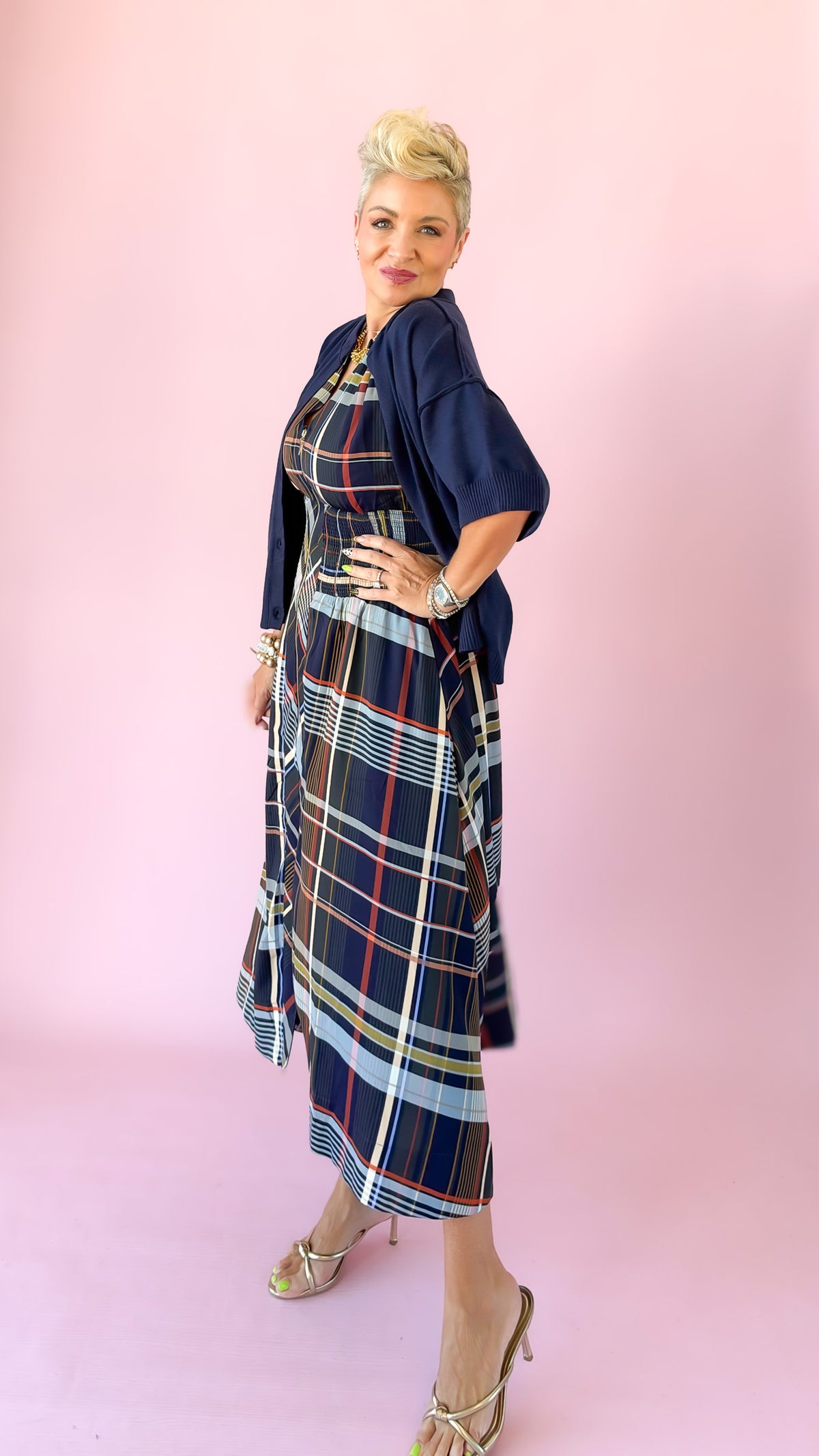 Plaid Sleeveless Midi Dress/Navy
