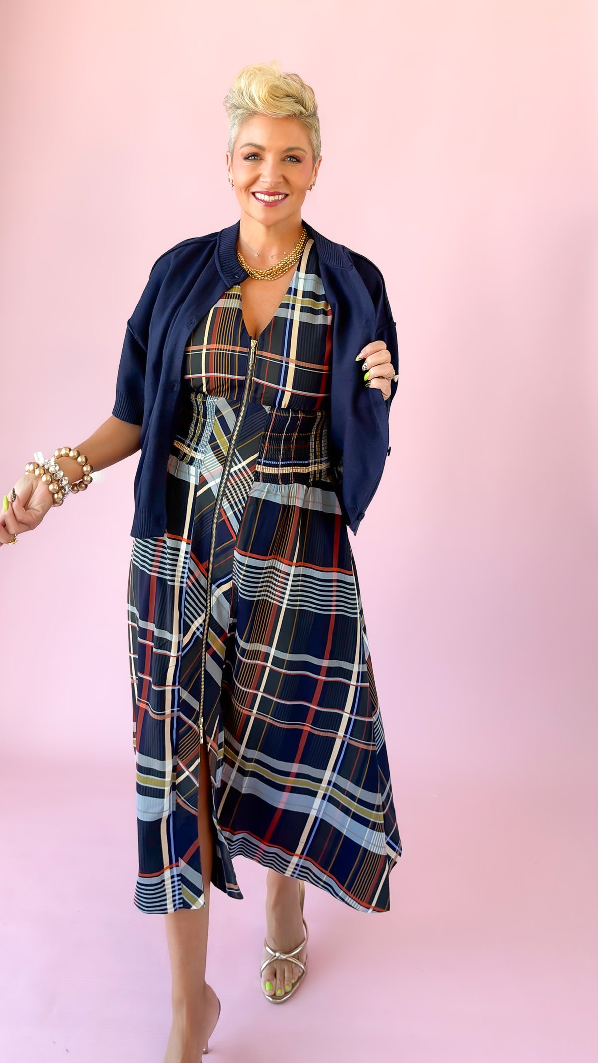 Plaid Sleeveless Midi Dress/Navy