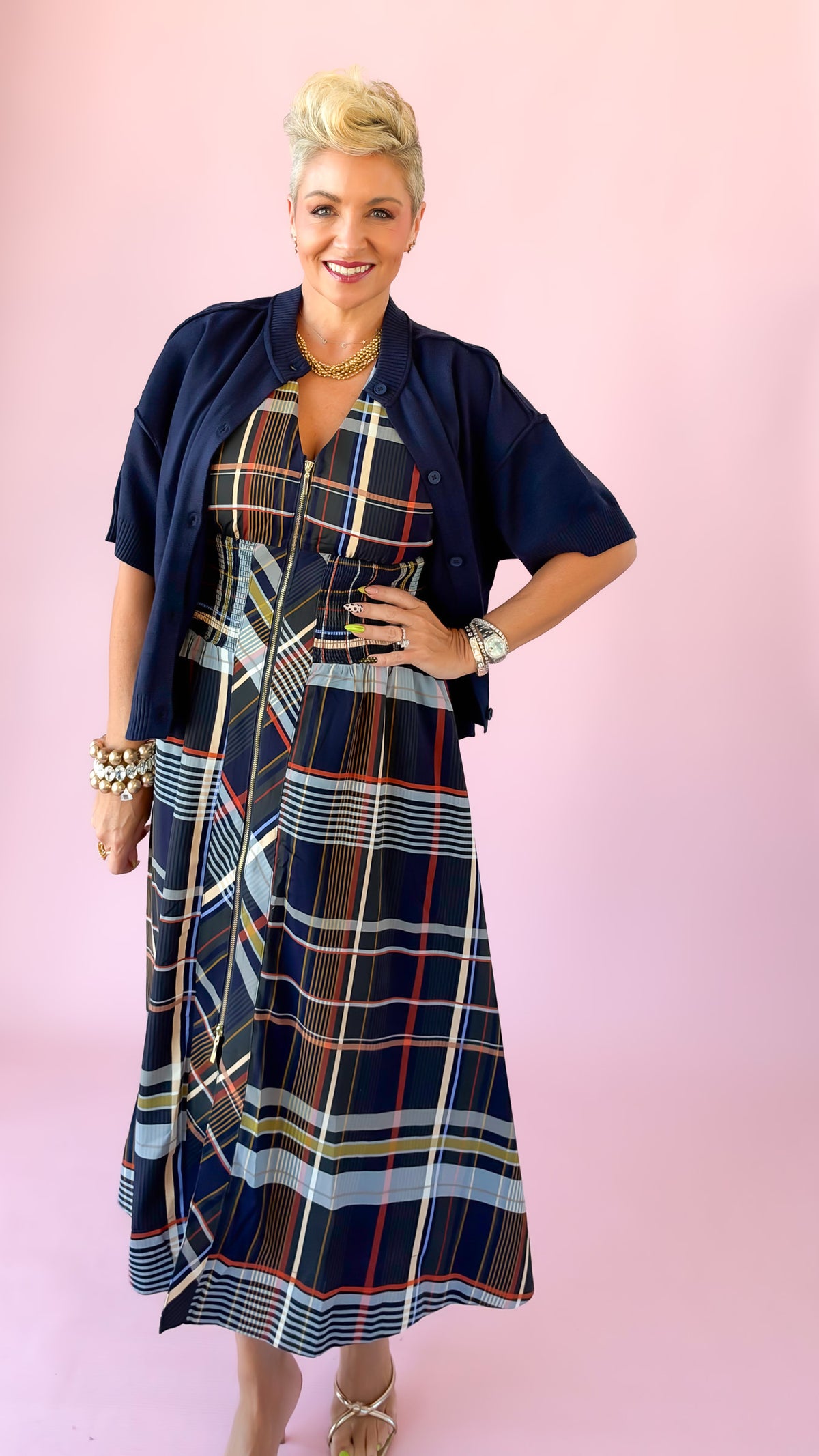 Plaid Sleeveless Midi Dress/Navy
