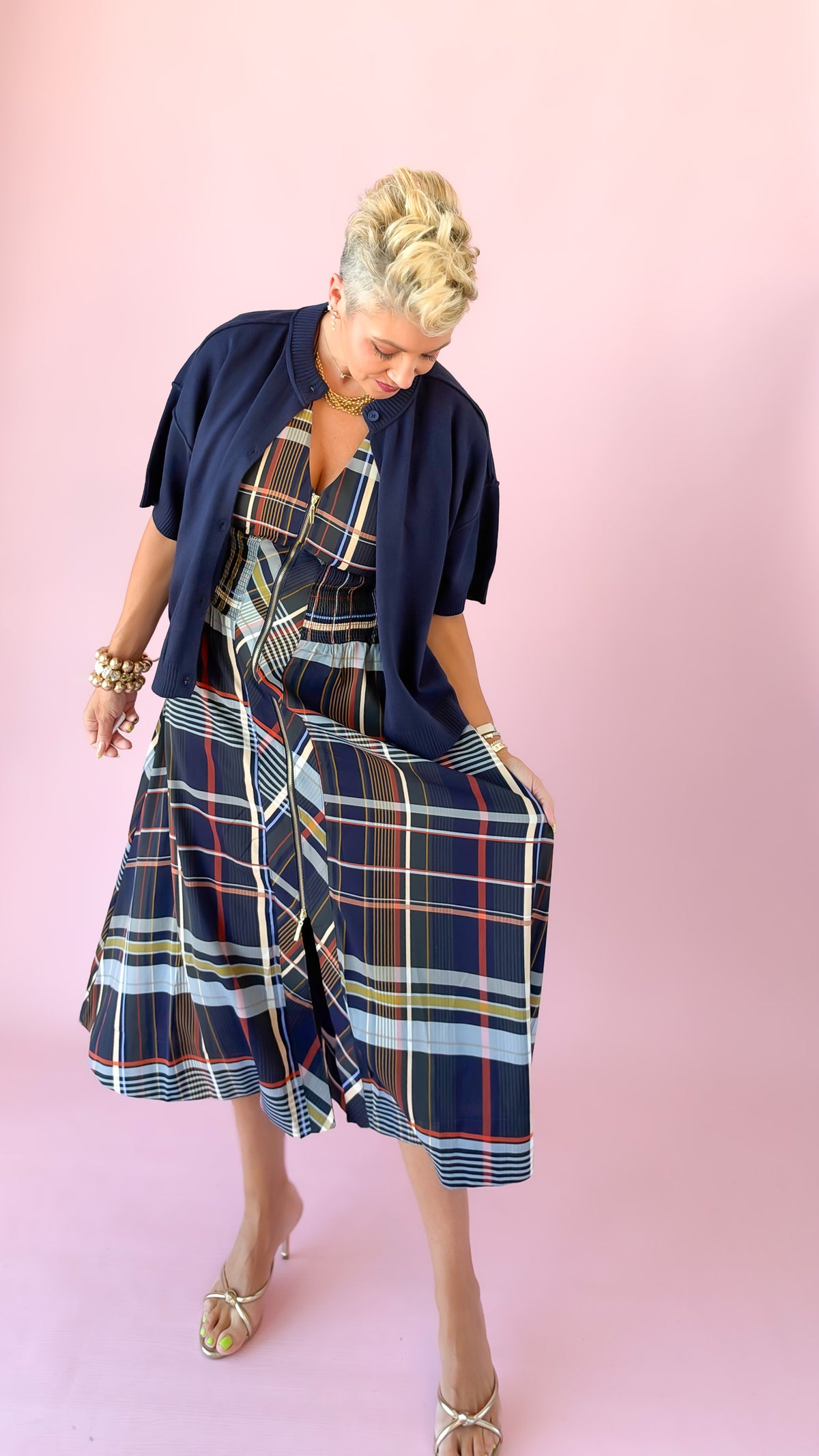 Plaid Sleeveless Midi Dress/Navy