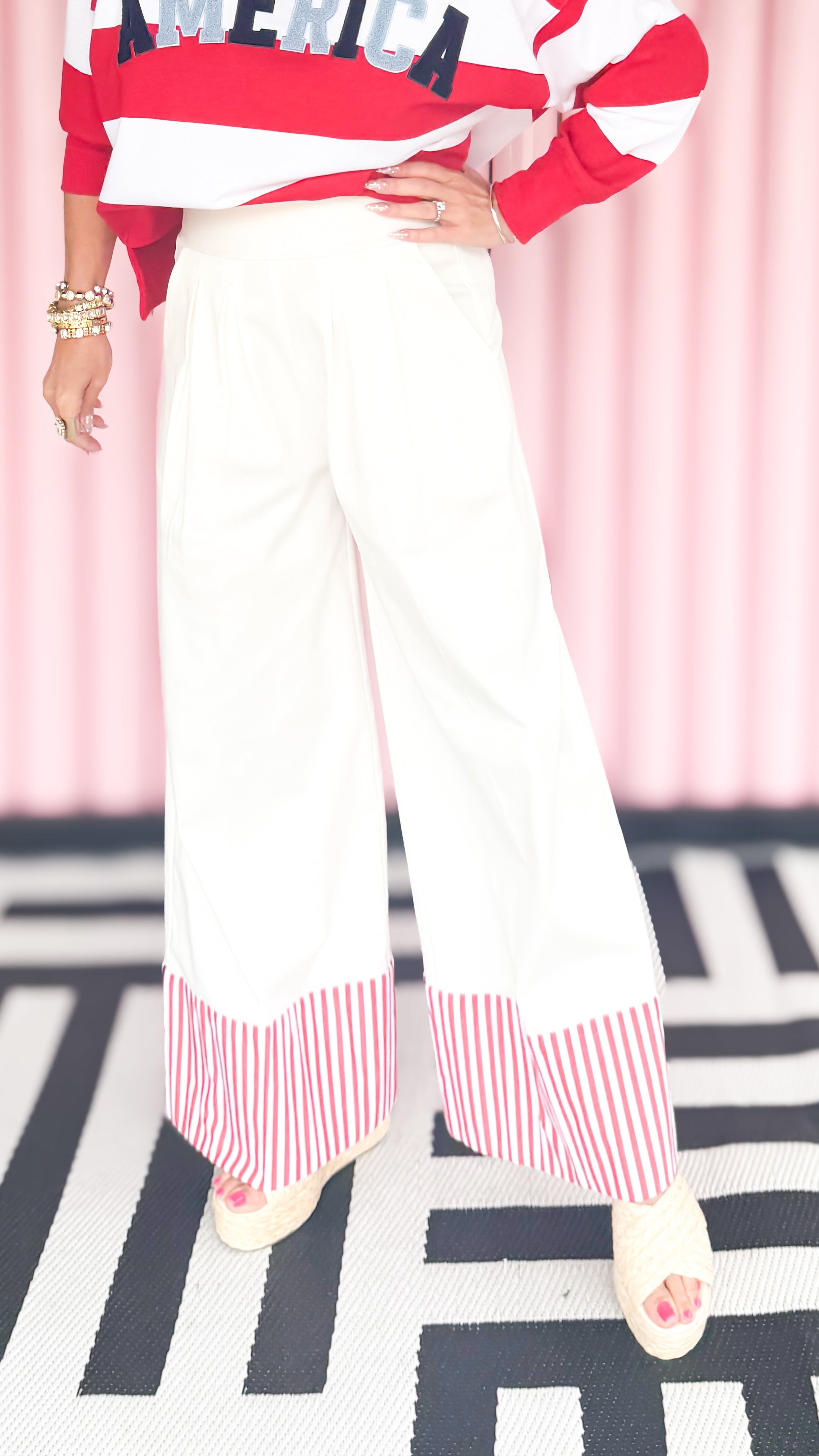 White Trousers with Red Stripe Cuff