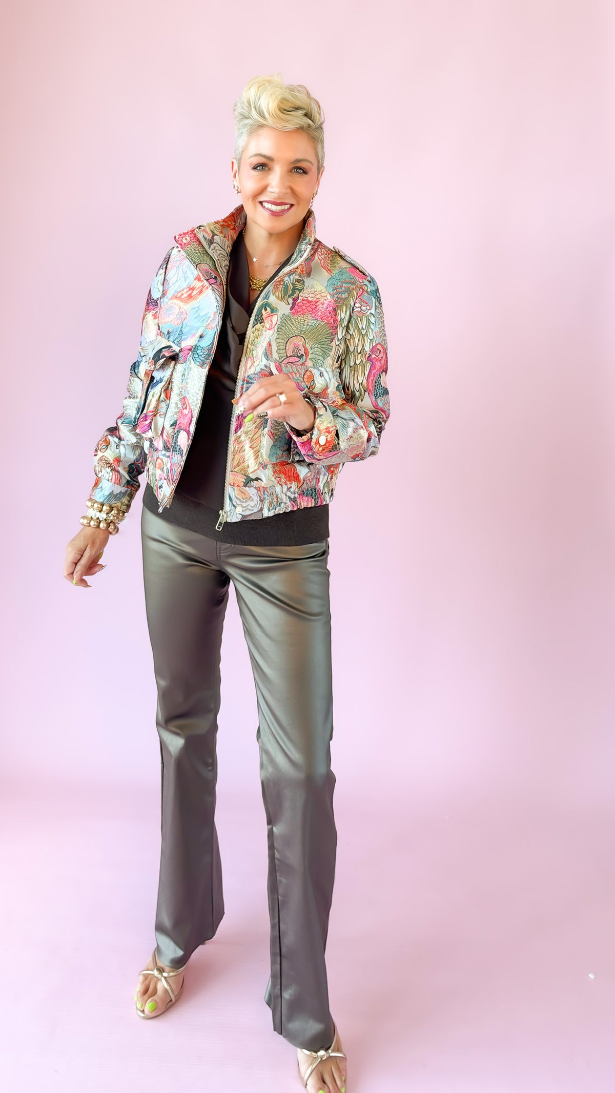 Pink Tropical Brocade Bomber Jacket