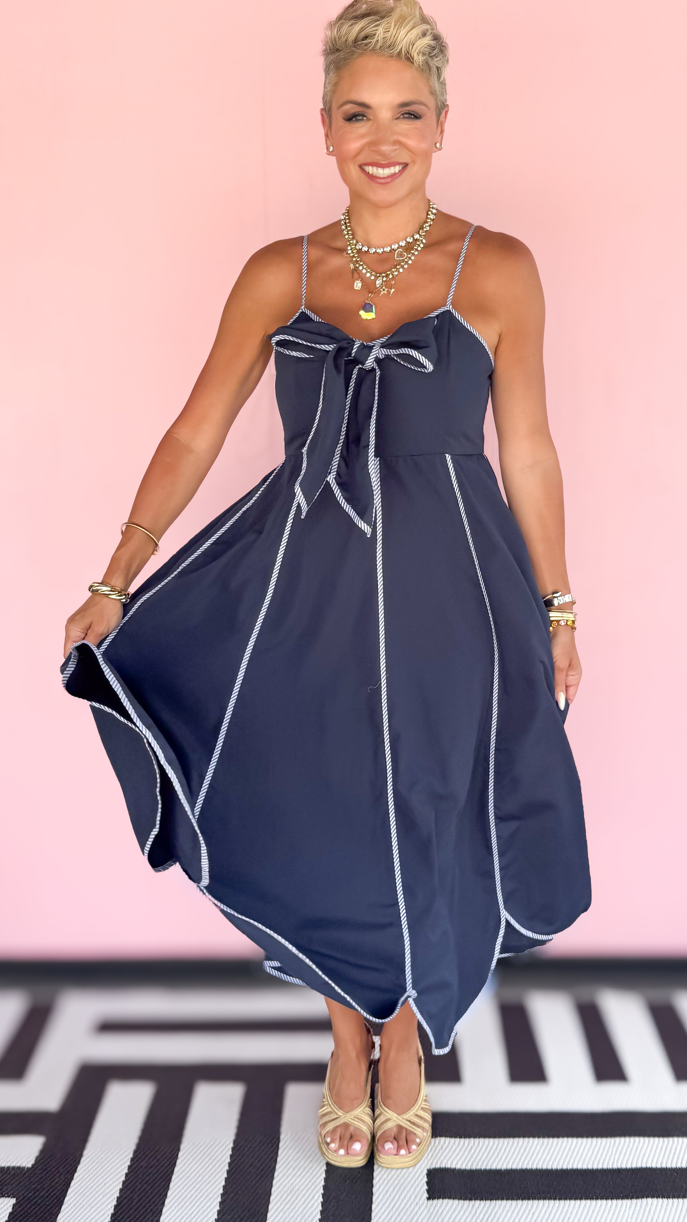 Marilyn Front Bow Midi Dress/Navy