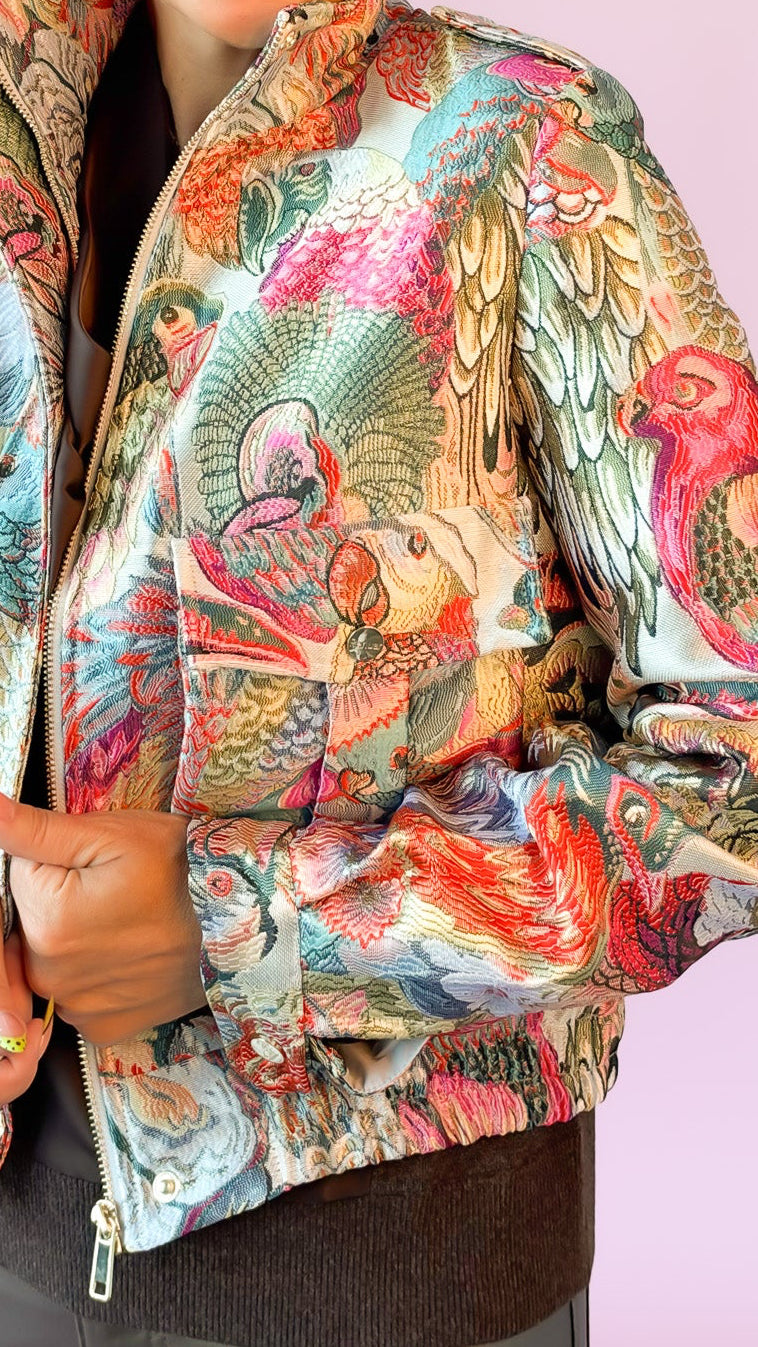 Pink Tropical Brocade Bomber Jacket