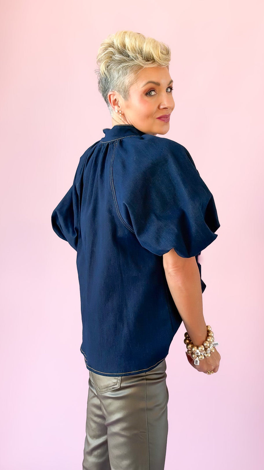 Puff Sleeve Gold Detail Top/Denim
