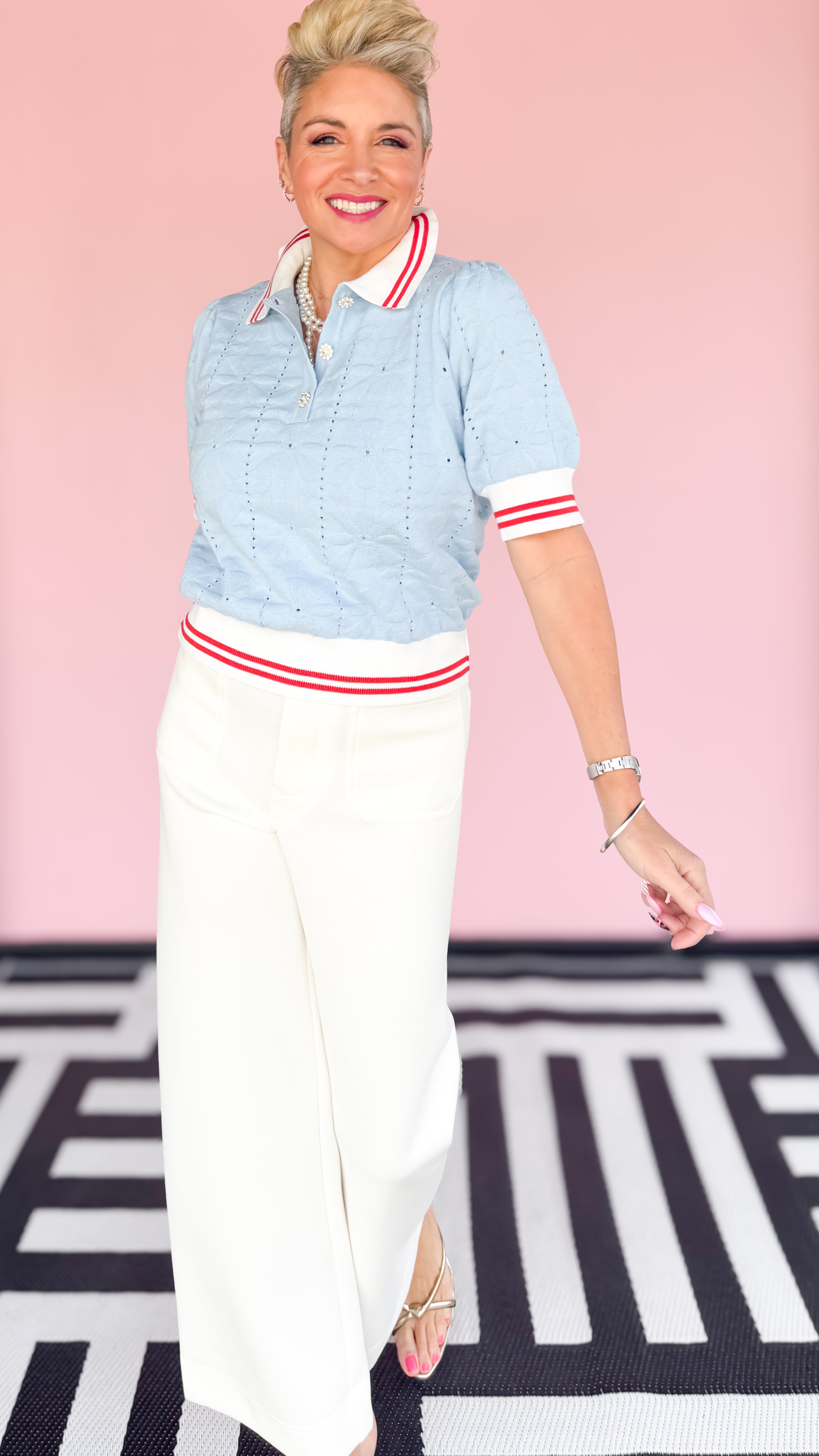 Suzy Rhinestone Button Knit Top/Blue