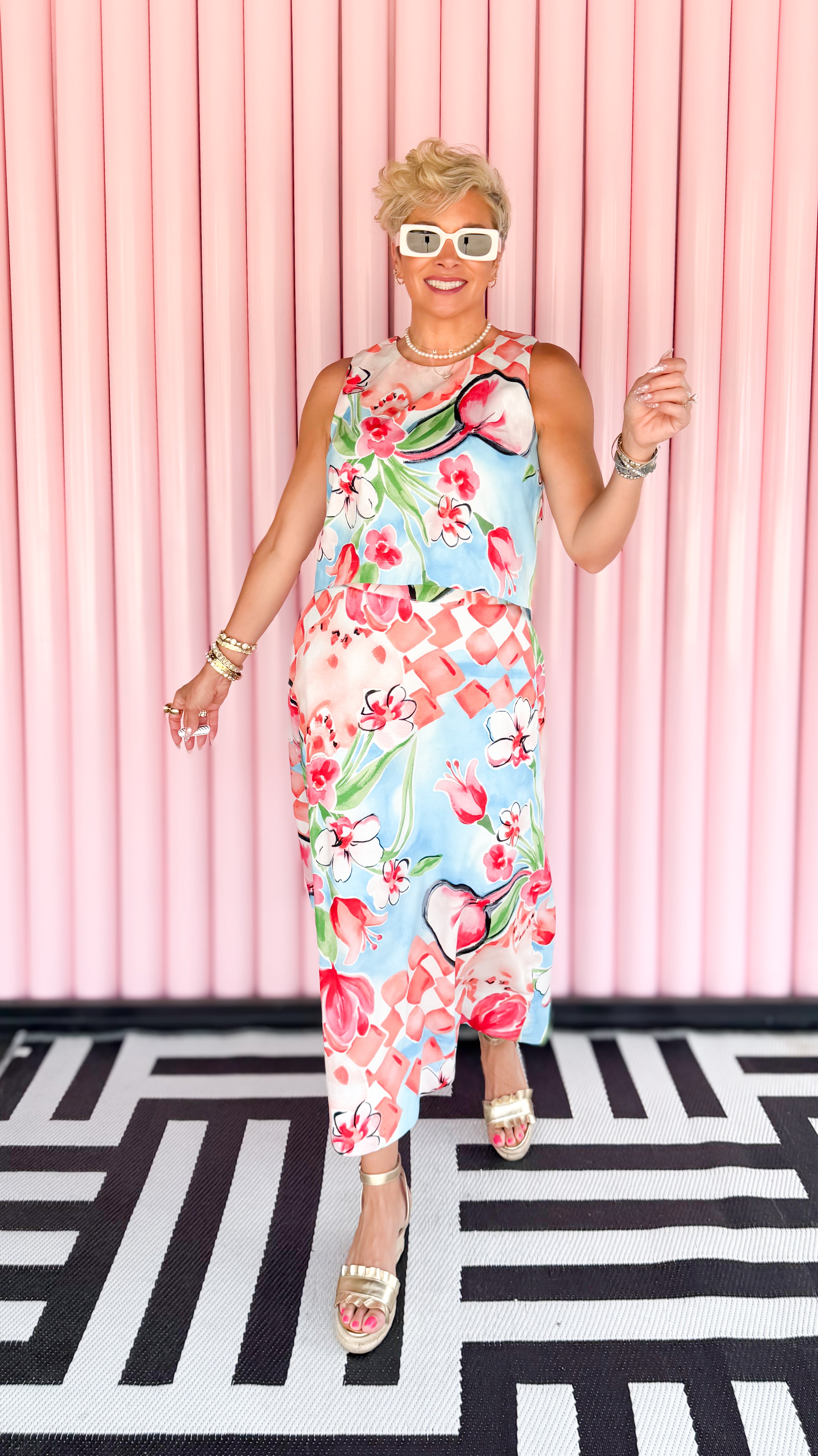 Floral top and midi skirt set worn on model - side view - BLVD Boutik