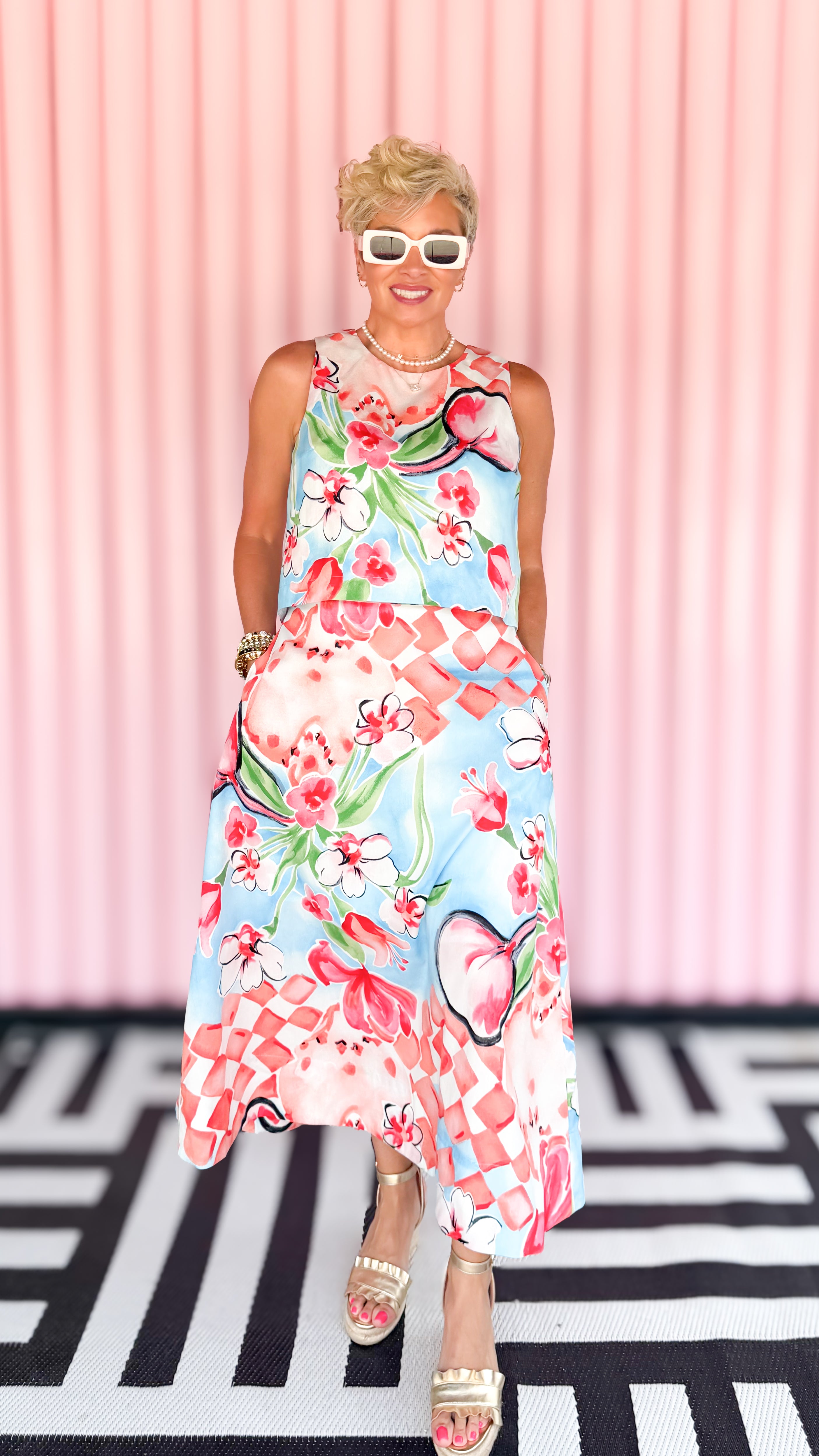 Floral top and midi skirt set worn on model - detail view - BLVD Boutik