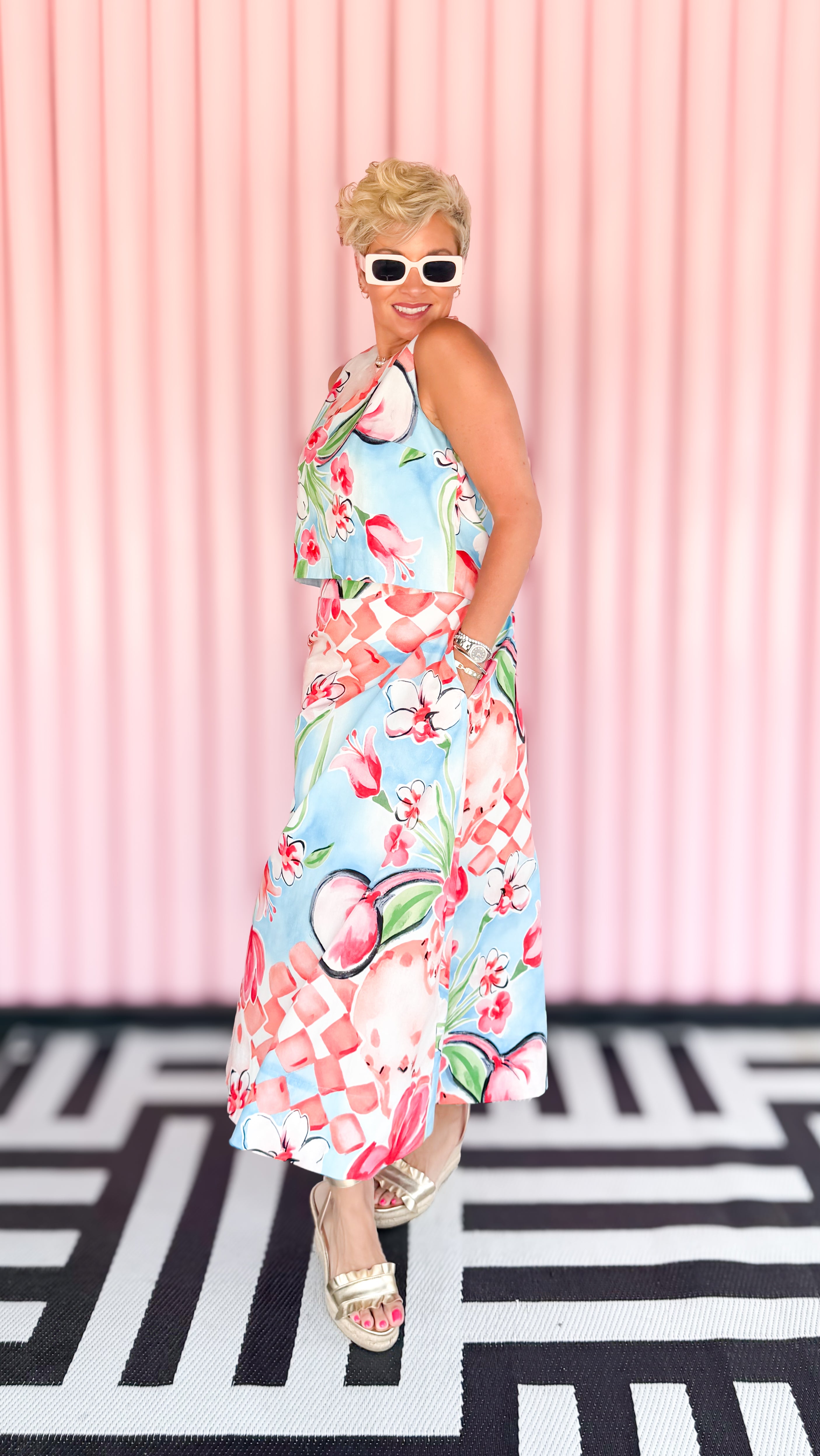 Floral top and midi skirt set worn on model - styled view - BLVD Boutik