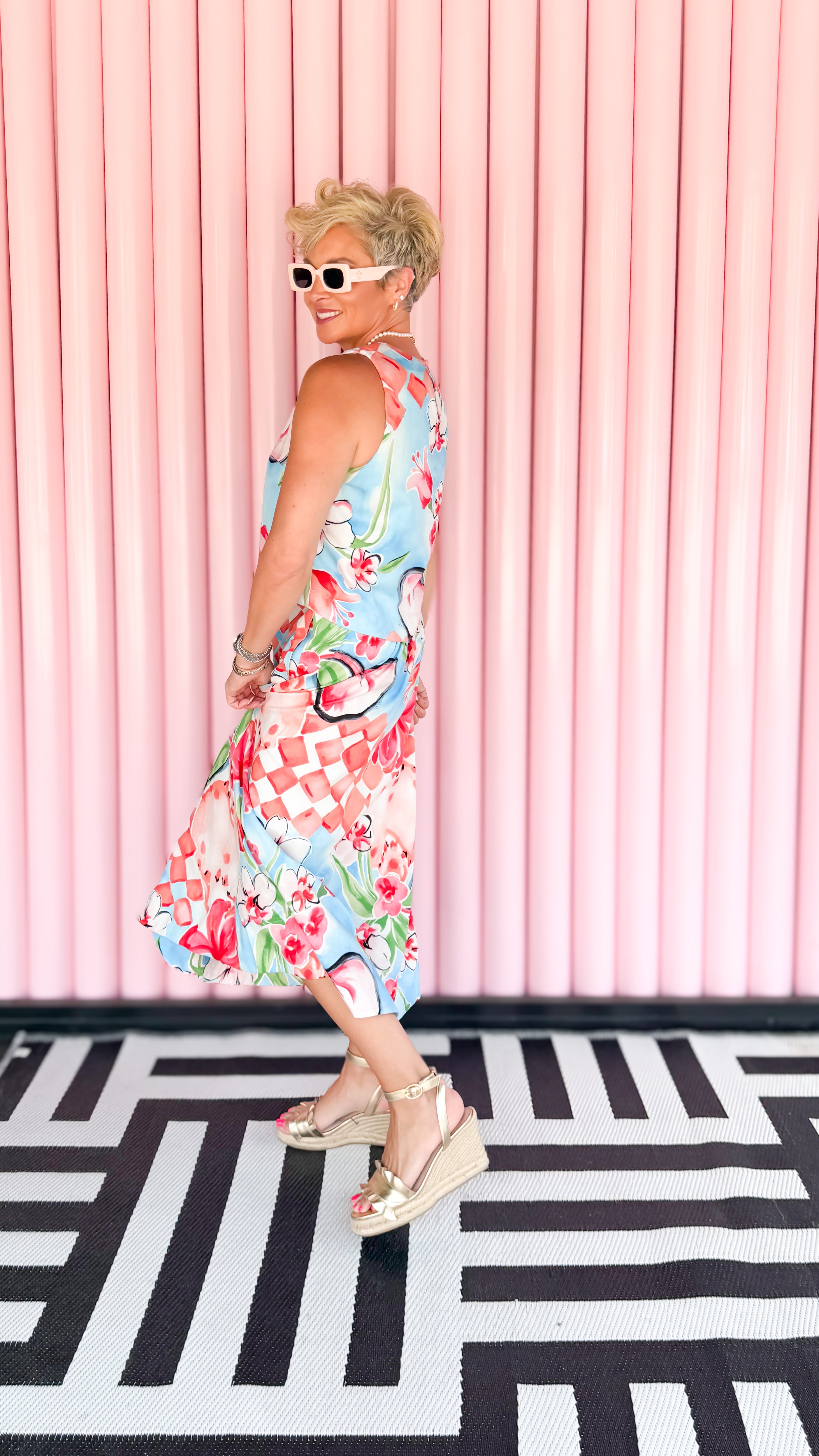 Floral top and midi skirt set worn on model - alternate view - BLVD Boutik